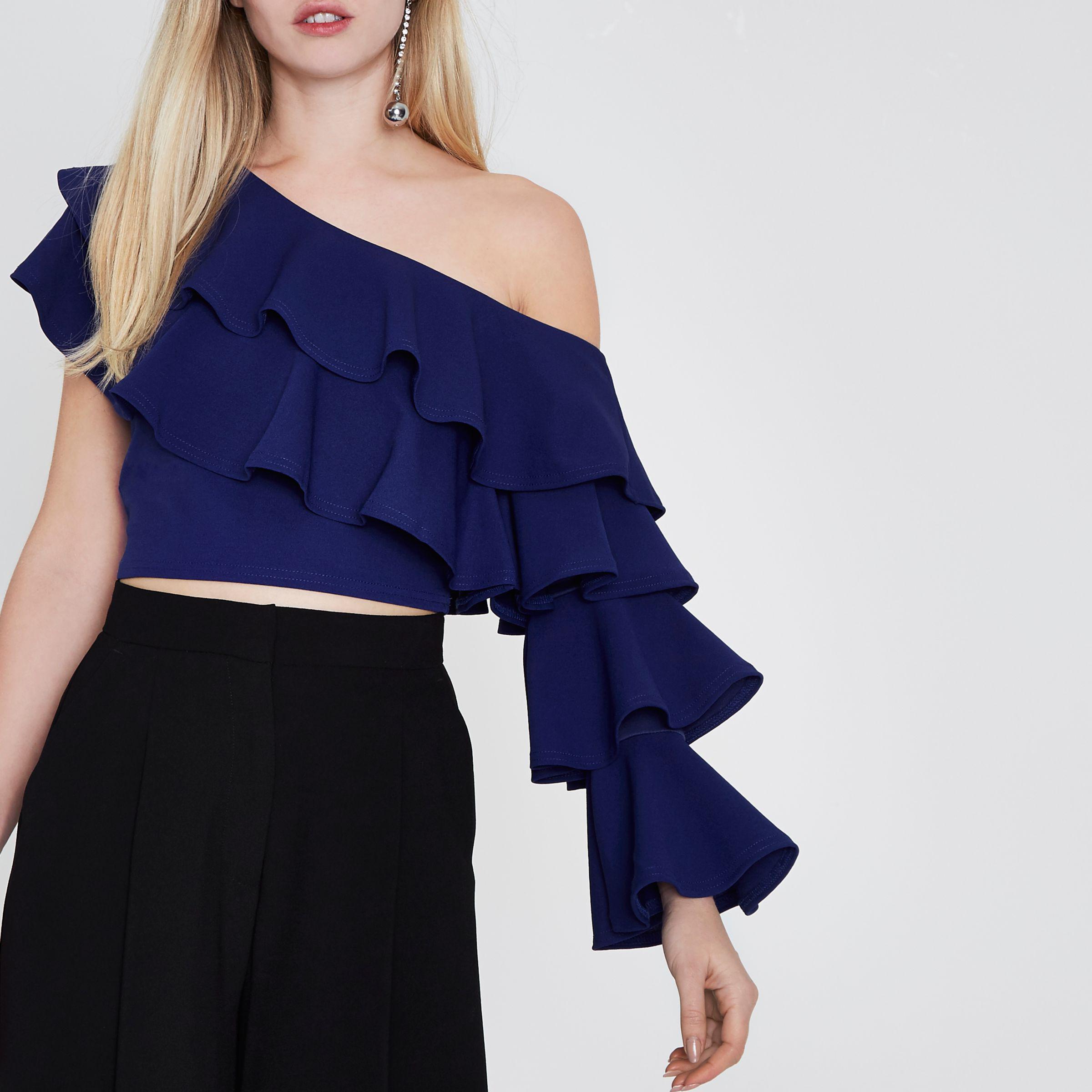 River Island Blue Ruffle One Shoulder Fitted Top | Lyst