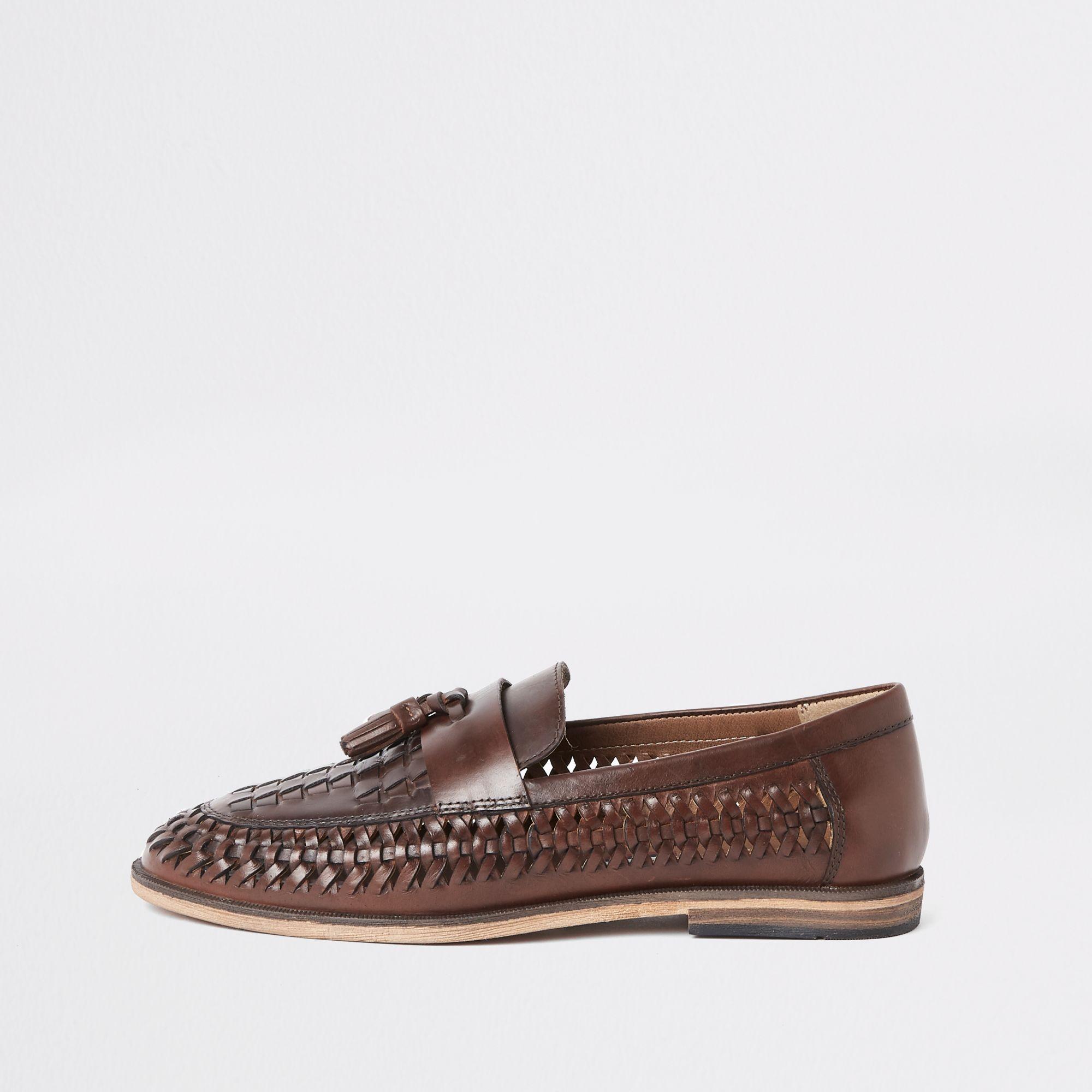 River Island Dark Brown Leather Woven Tassel Loafers for Men - Lyst