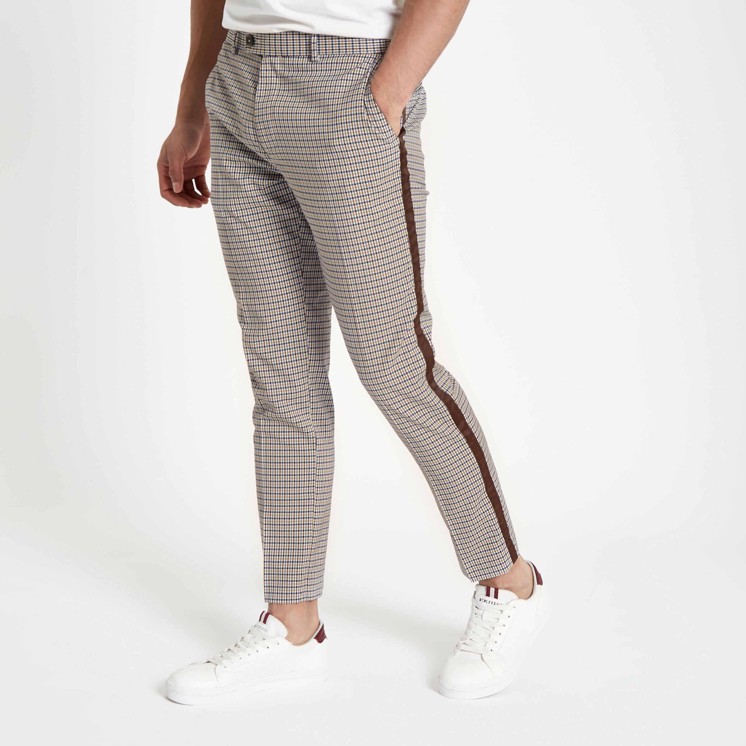 grey check skinny fit tape chino trousers