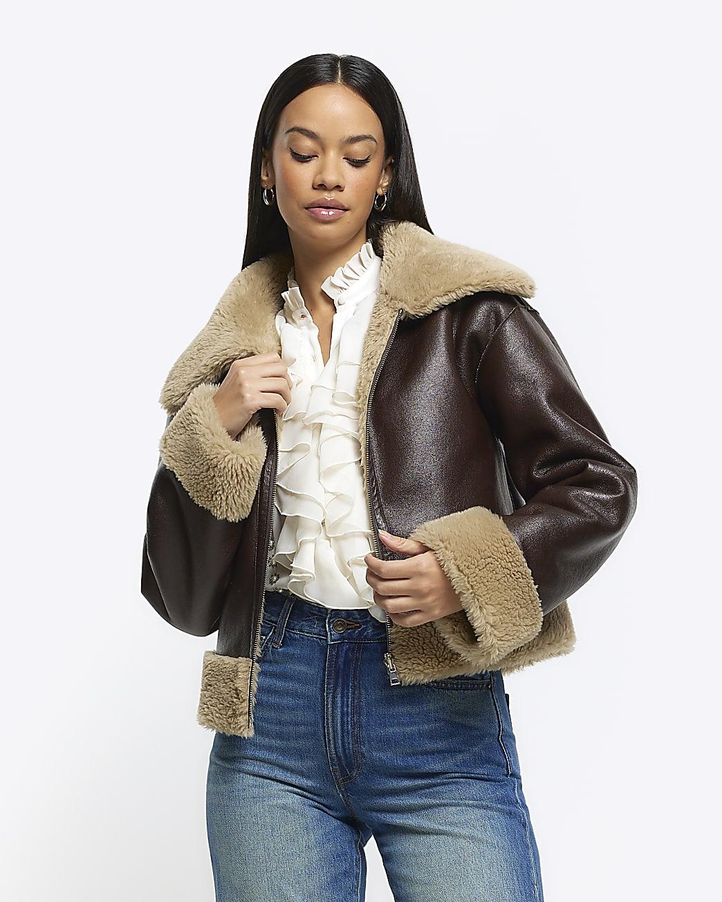 River Island Brown Reversible Shearling Aviator Jacket in Natural | Lyst