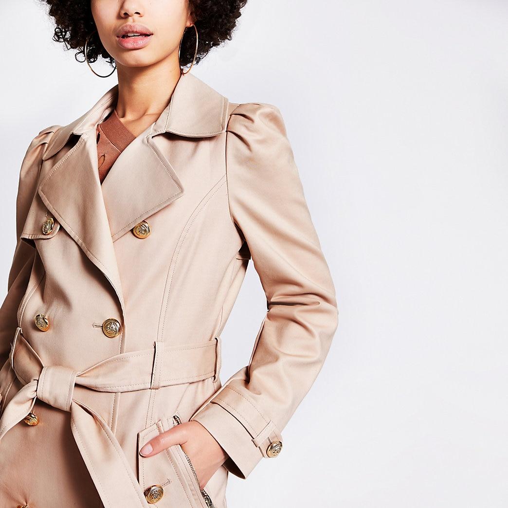 River Island Stone Puff Sleeve Double Breasted Trench Coat | Lyst