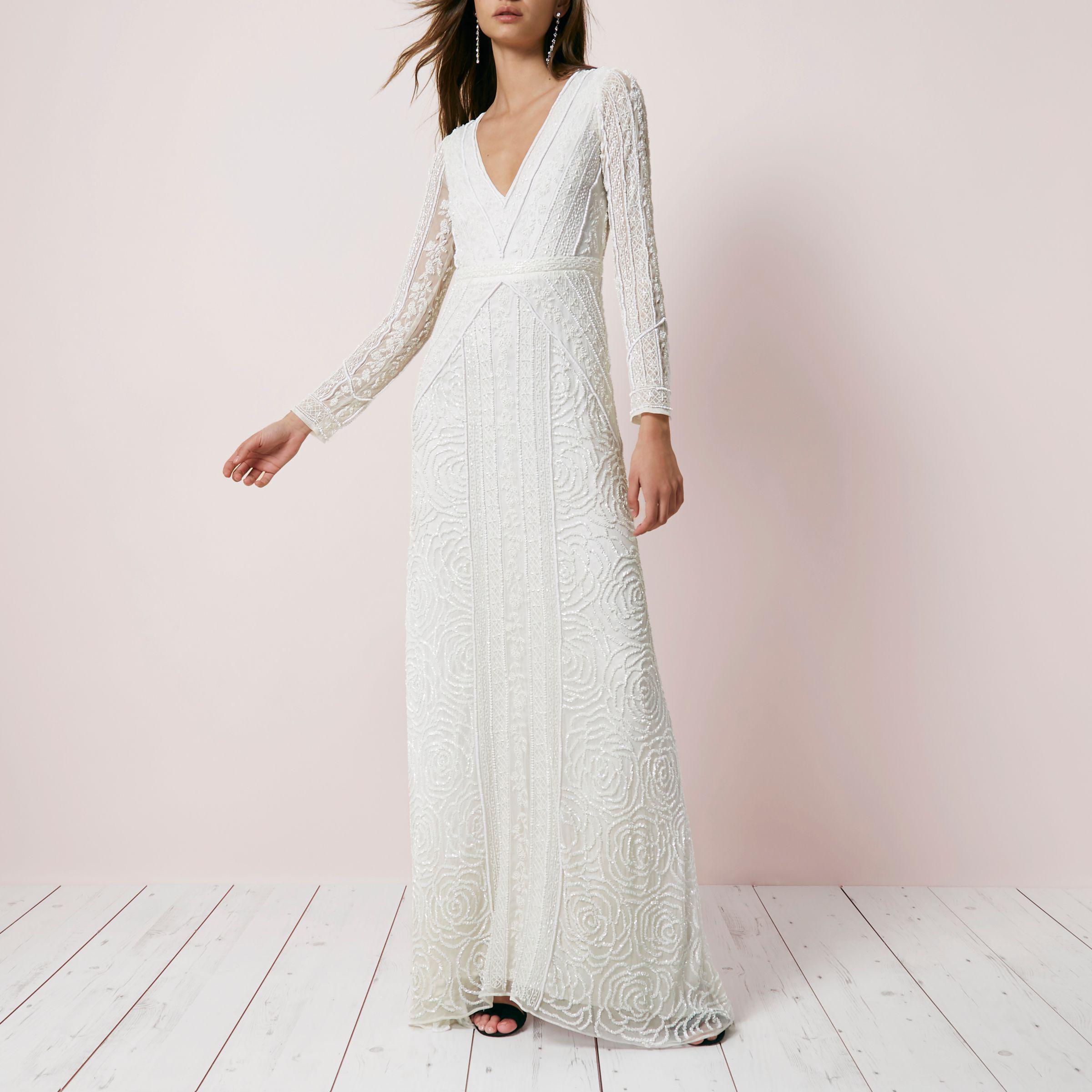 River Island Cream Sequin Long Sleeve Maxi Dress in Natural | Lyst
