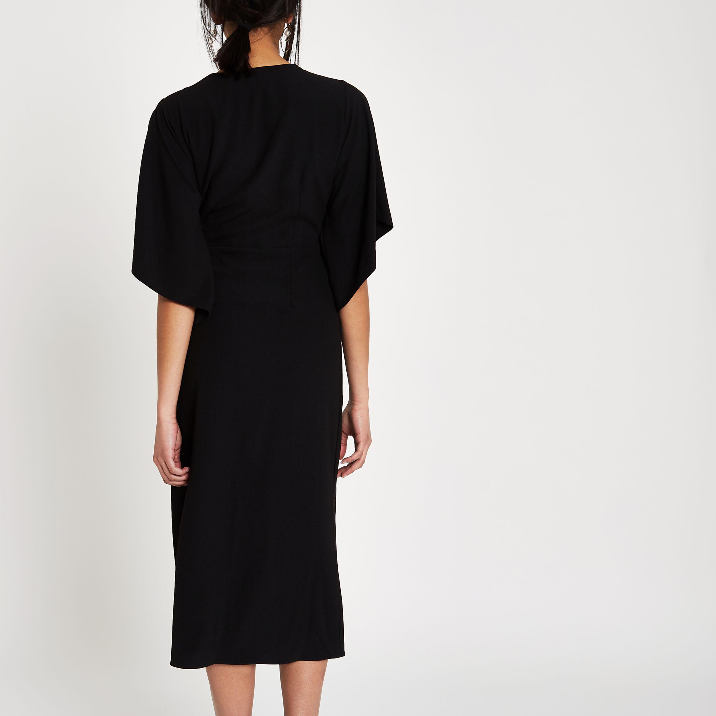River Island Synthetic Kimono Sleeve Wrap Midi Dress in Black | Lyst