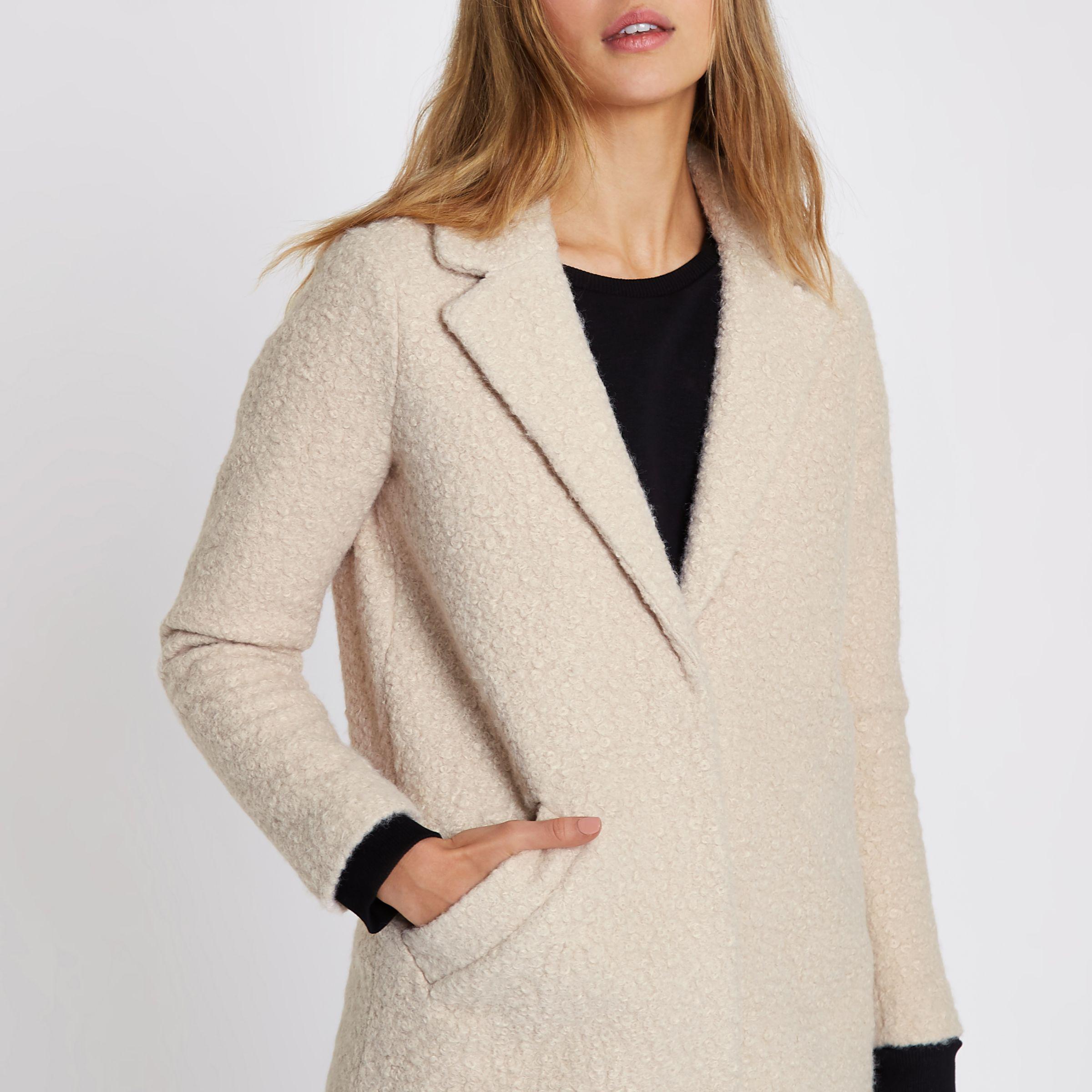 Synthetic Cream Boucle Coat in Natural 