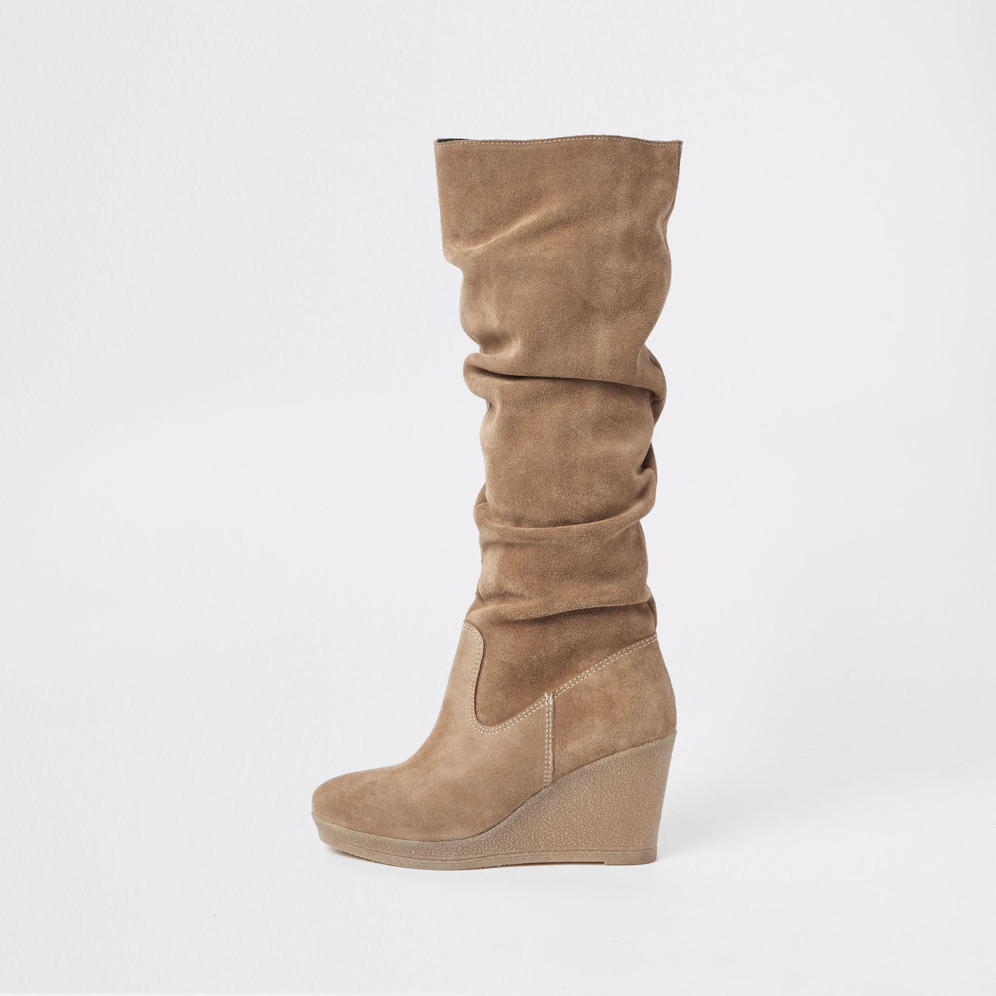 River Island Suede Knee High Slouch Wedge Boots in Natural | Lyst