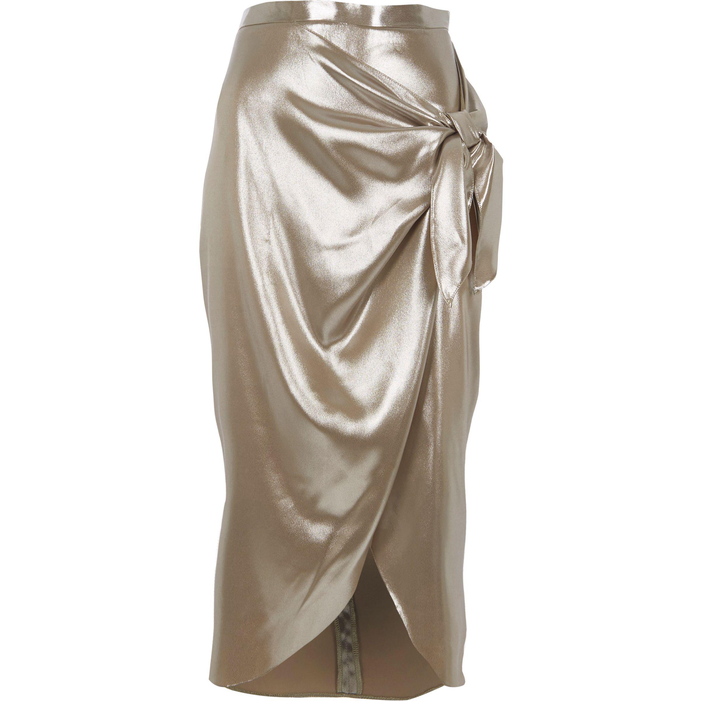 Silver Metallic Tie Front Wrap Skirt 