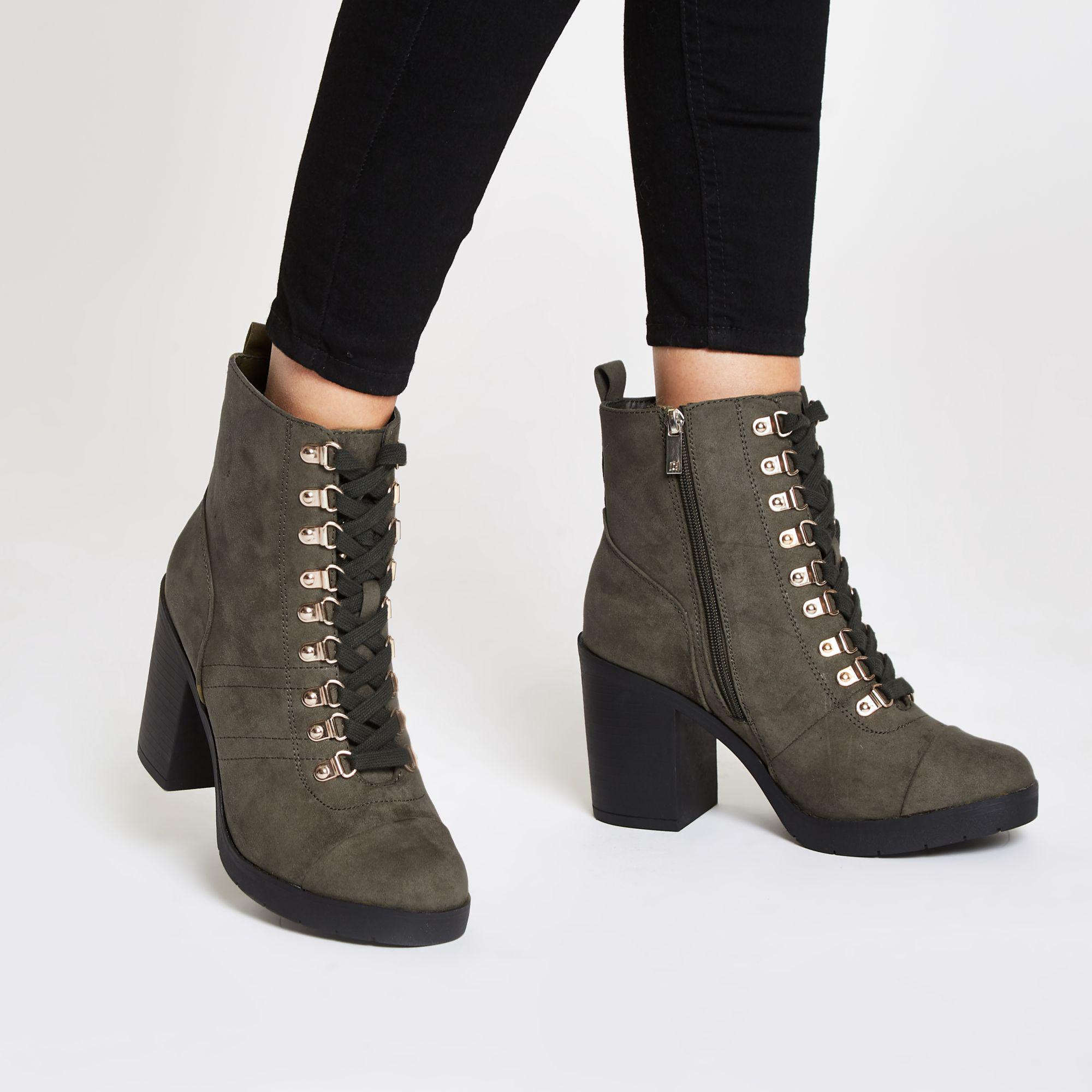 River Island Khaki Green Chunky Wide Fit Lace-up Boots - Lyst