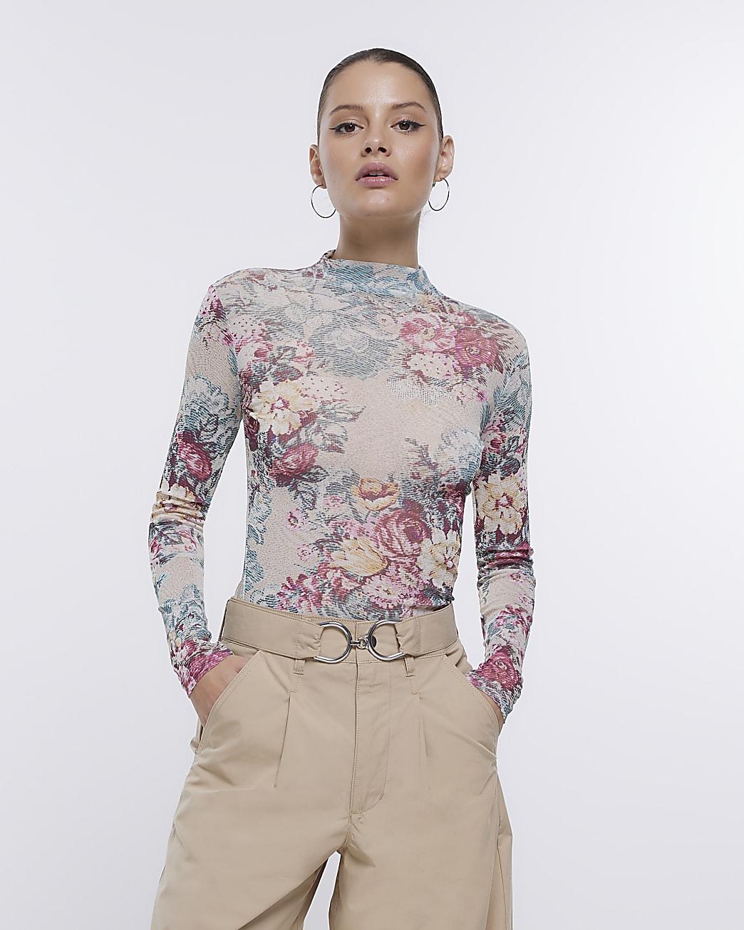 River Island Floral Mesh Long Sleeve Top in Natural