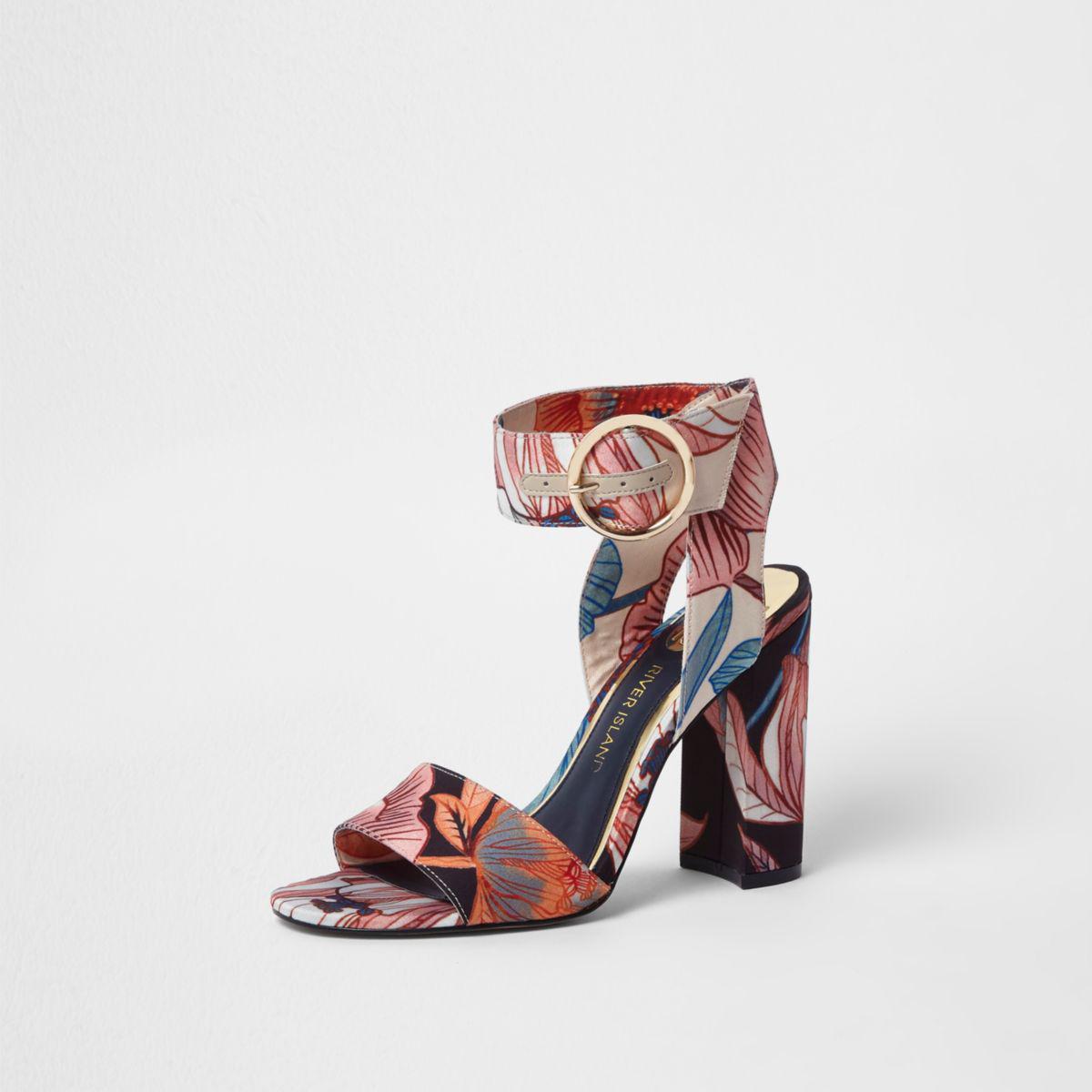 River Island Pink Floral Print Block Heel Sandals Pink Floral