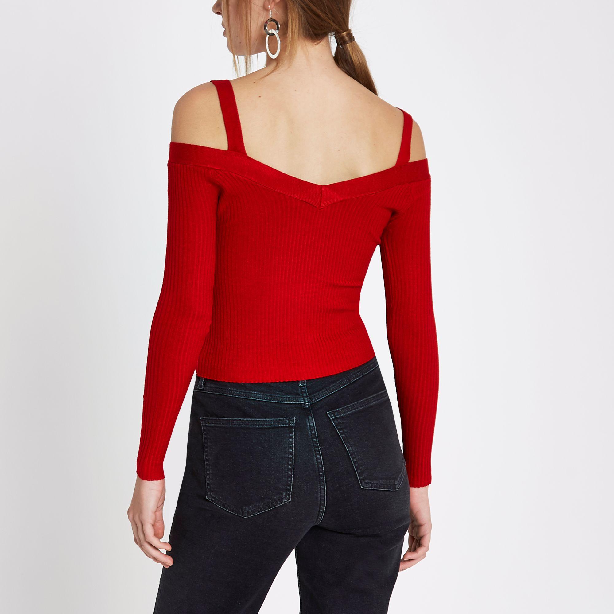 River Island Synthetic Red Ruched Front Fitted Bardot Knit Top Lyst