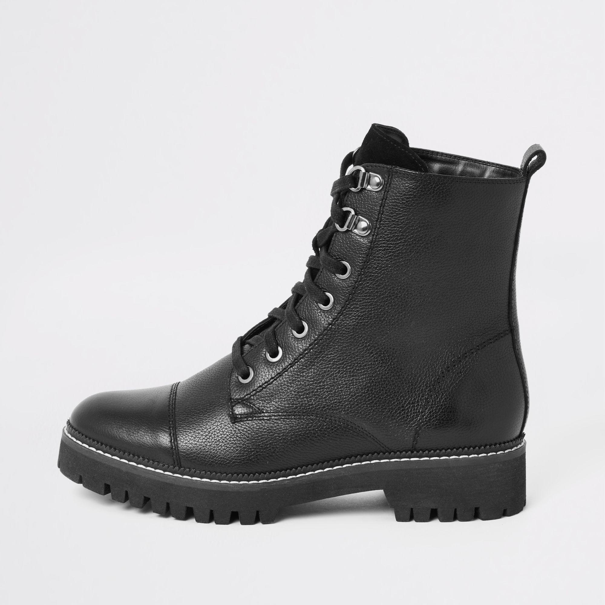 River Island Black Leather Lace-up Hiking Boots - Lyst