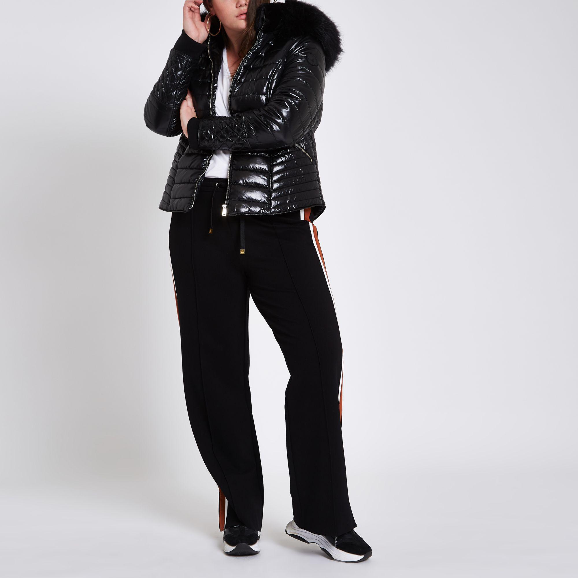 black faux fur high shine puffer jacket