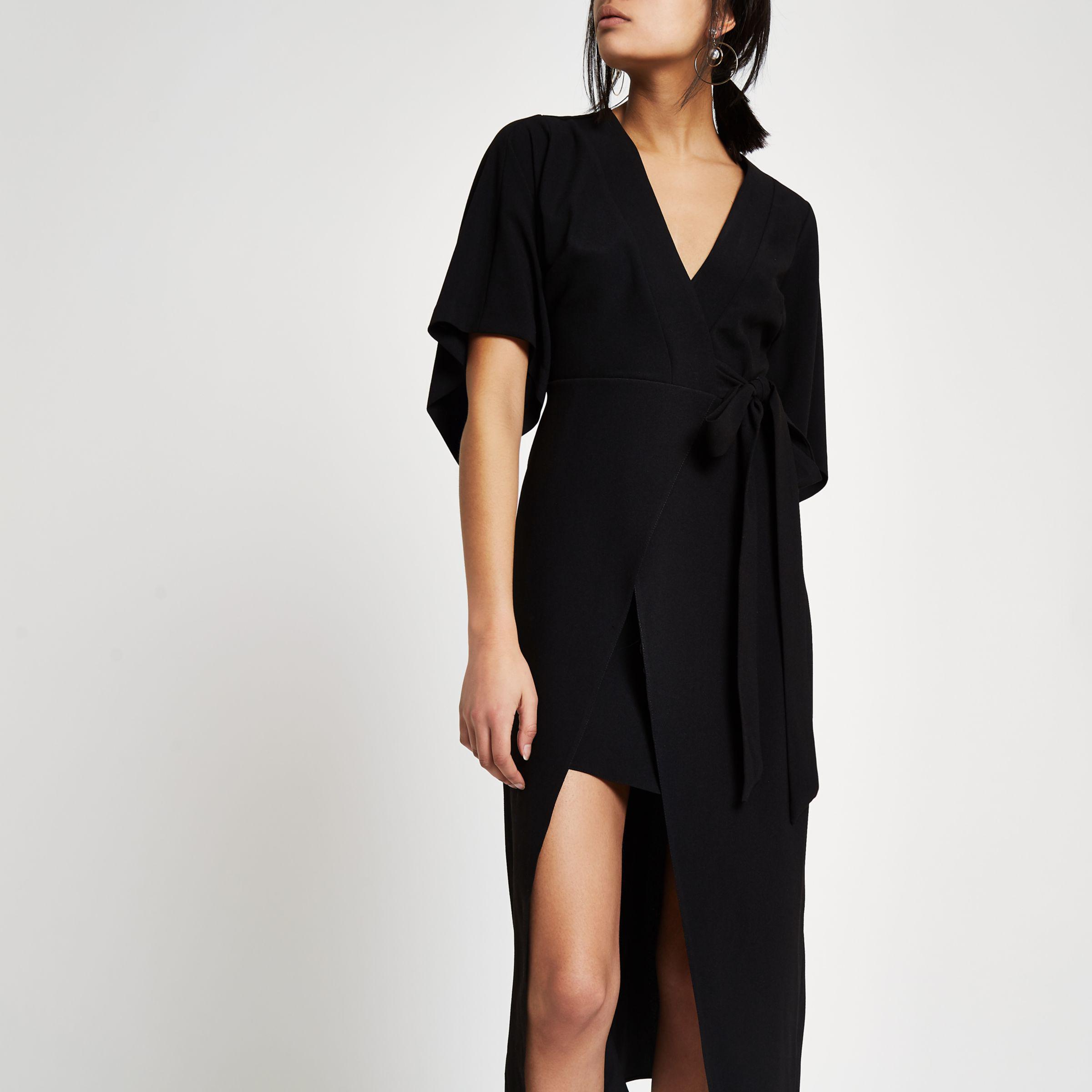 River Island Kimono Sleeve Wrap Midi Dress in Black | Lyst