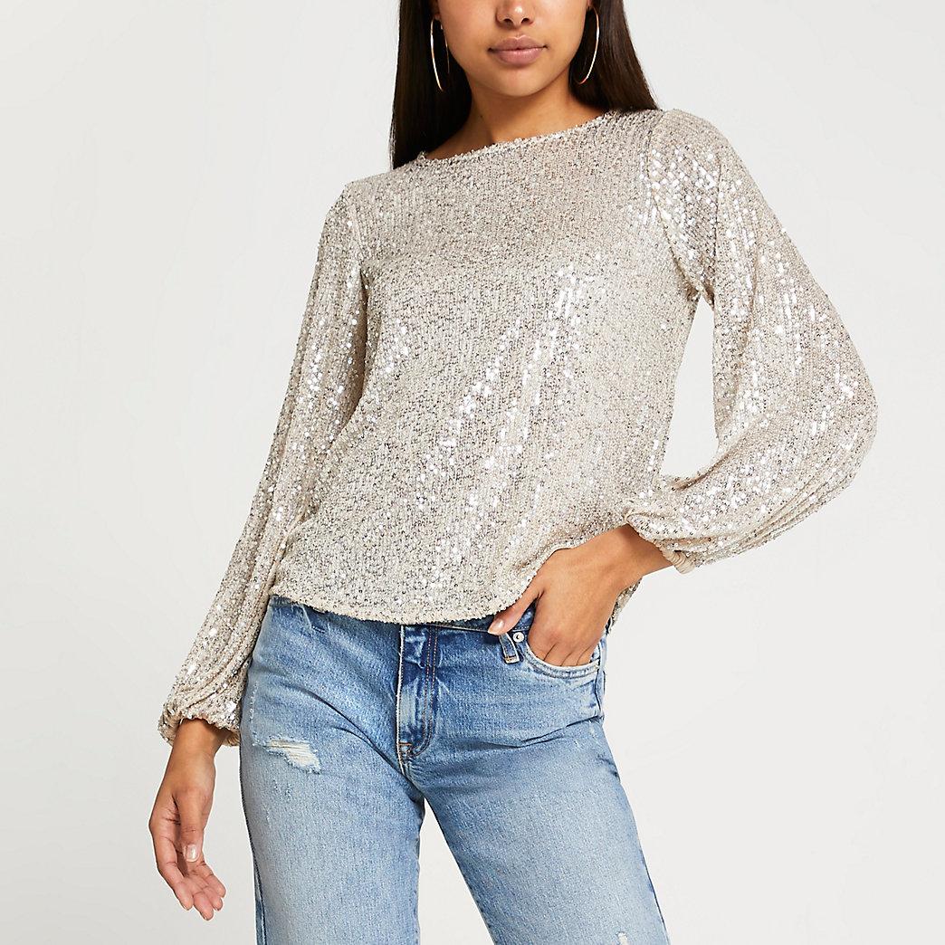 River Island Silver Long Sleeve Sequin Top in Gray | Lyst