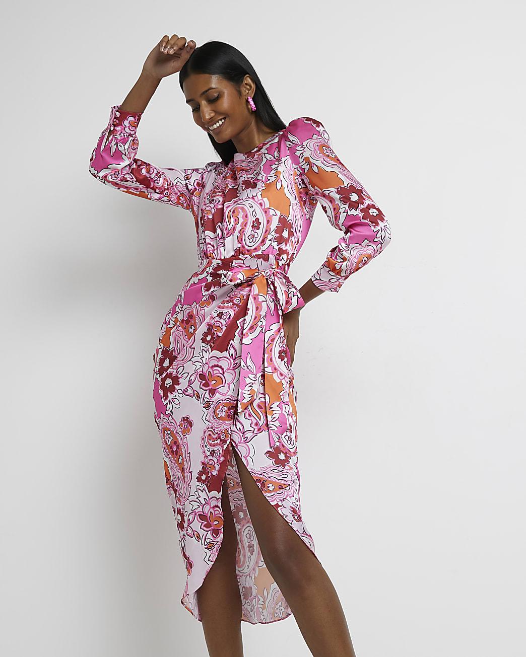 pink floral wrap midi dress
