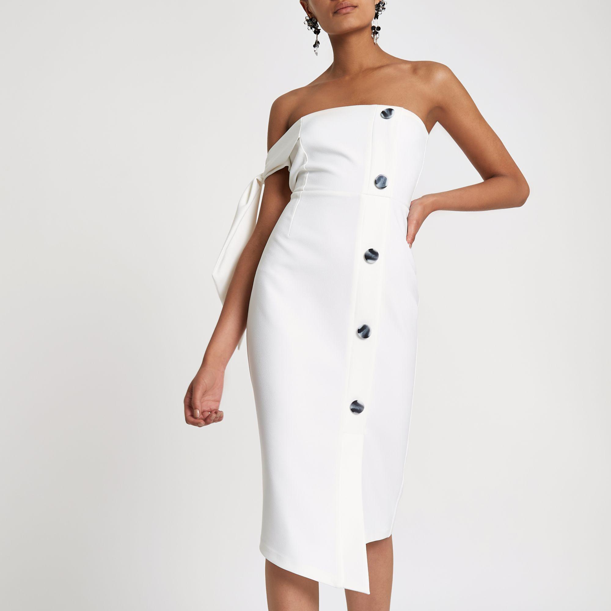 river island bodycon dress with tie neck in white