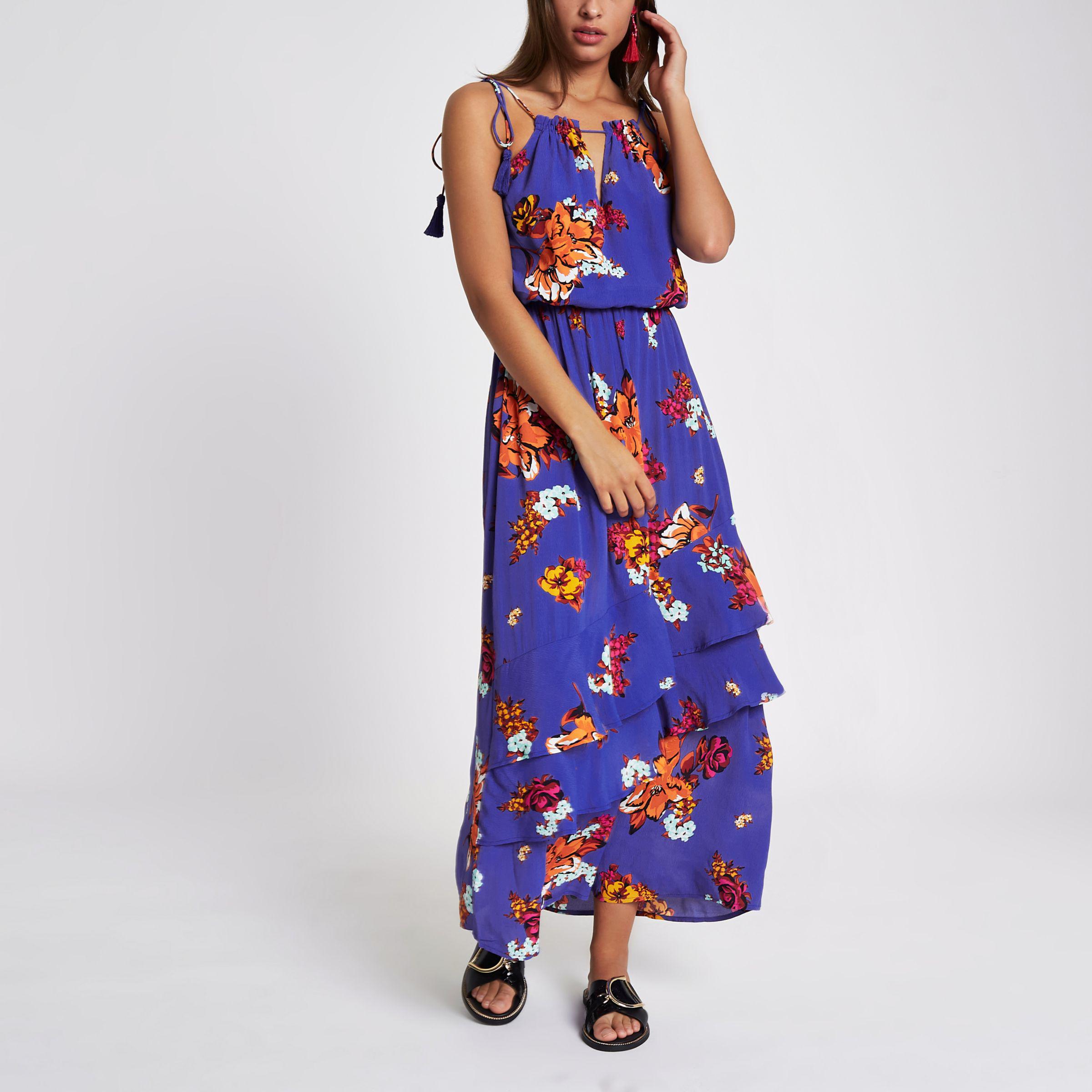 river island purple floral frill maxi dress