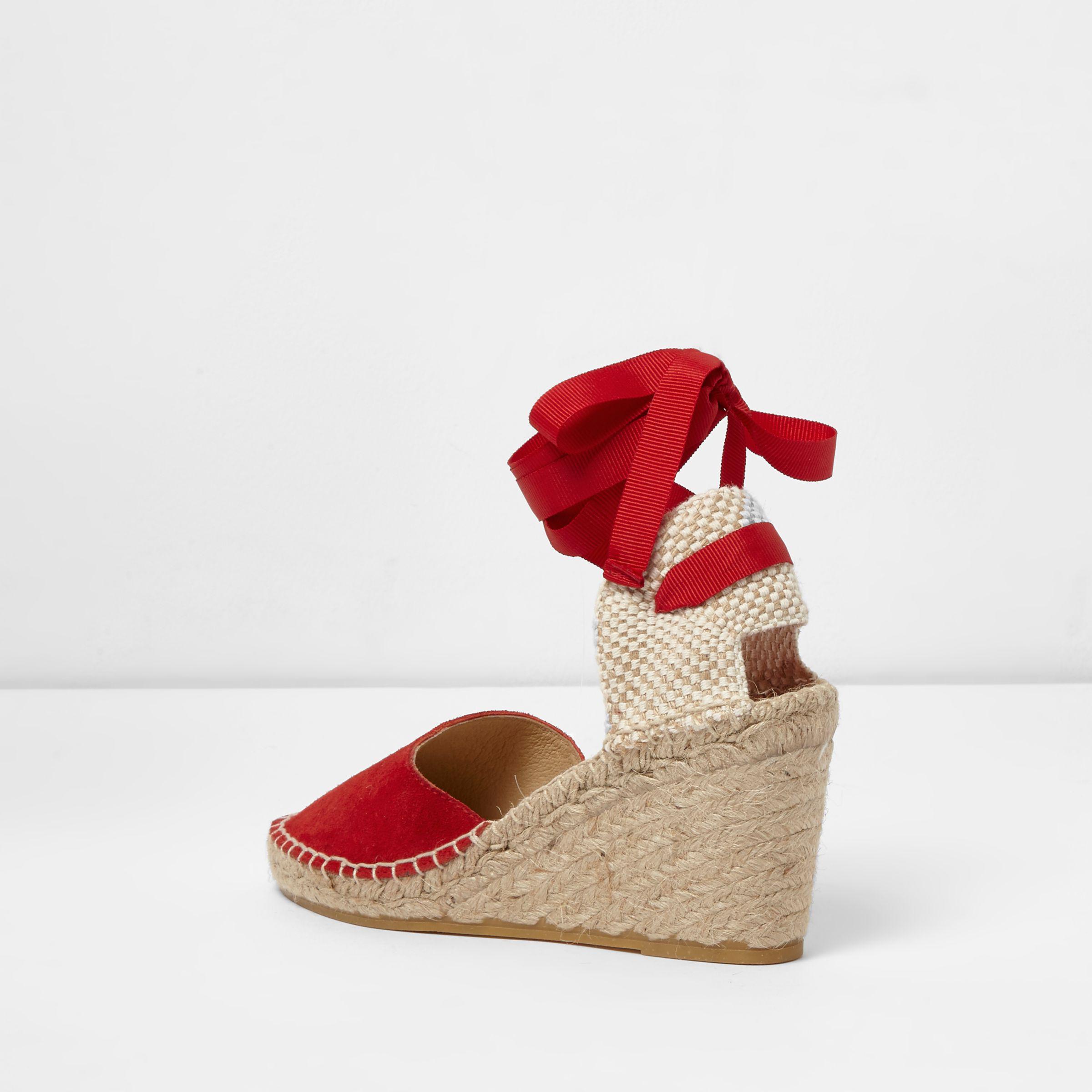 River Island Red Suede Ankle Tie Espadrille Wedges - Lyst