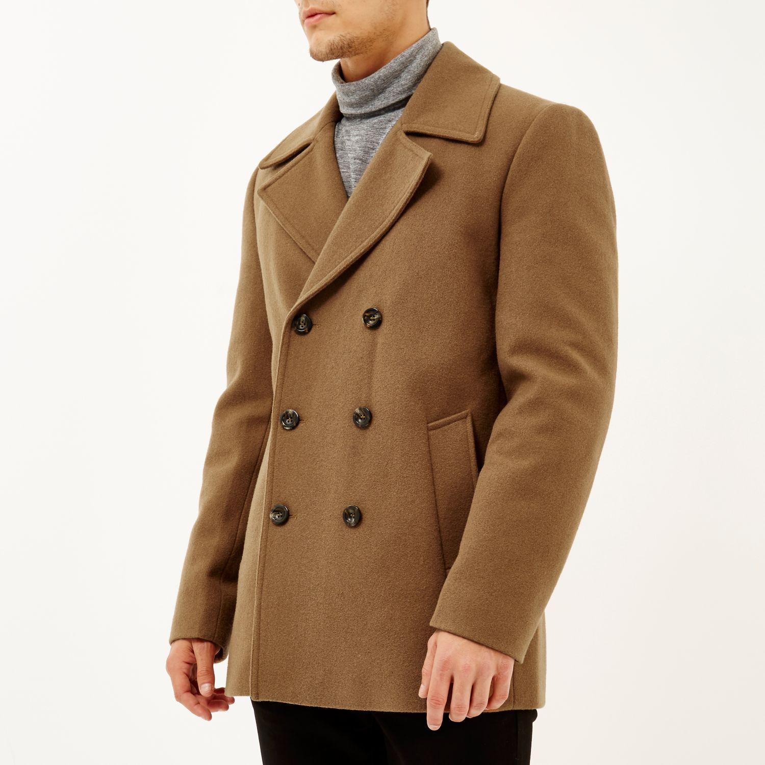 River Island Brown Smart Wool-blend Pea Coat for Men - Lyst