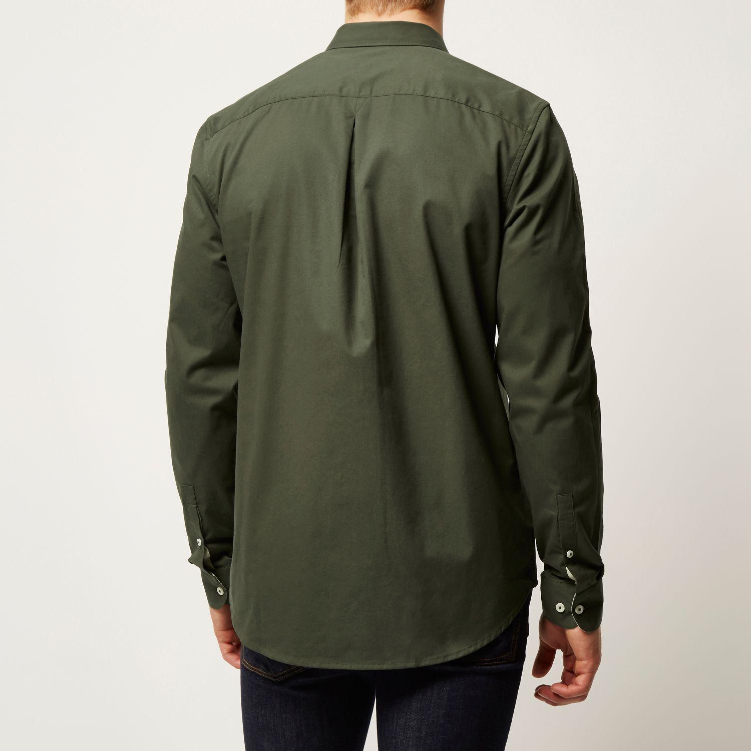 River Island Cotton Olive Green Twill Button-down Shirt for Men - Lyst
