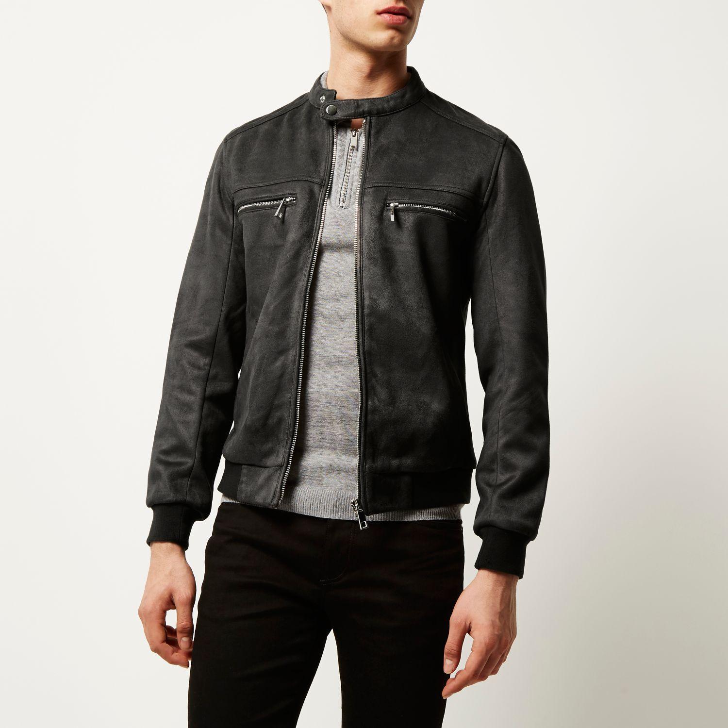 River Island Grey Faux Suede Racer Jacket in Gray for Men Lyst