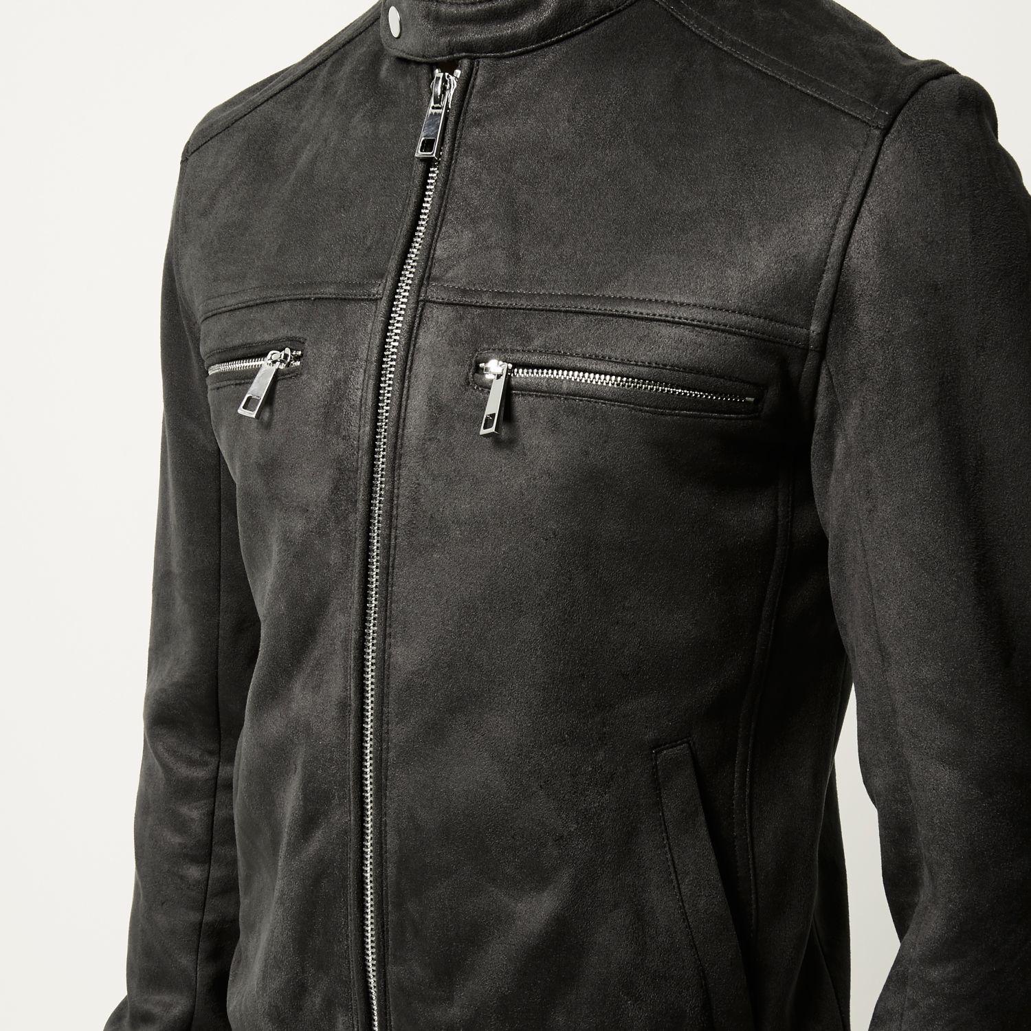 River Island Grey Faux Suede Racer Jacket in Gray for Men Lyst