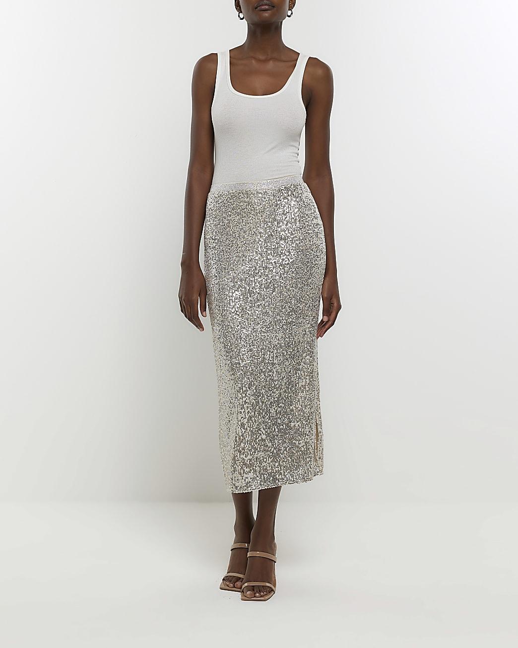 River Island Silver Sequin Midi Skirt In Gray Lyst 