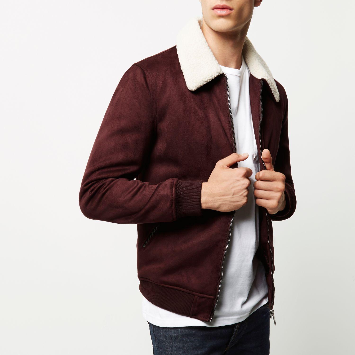 faux suede jacket with borg collar