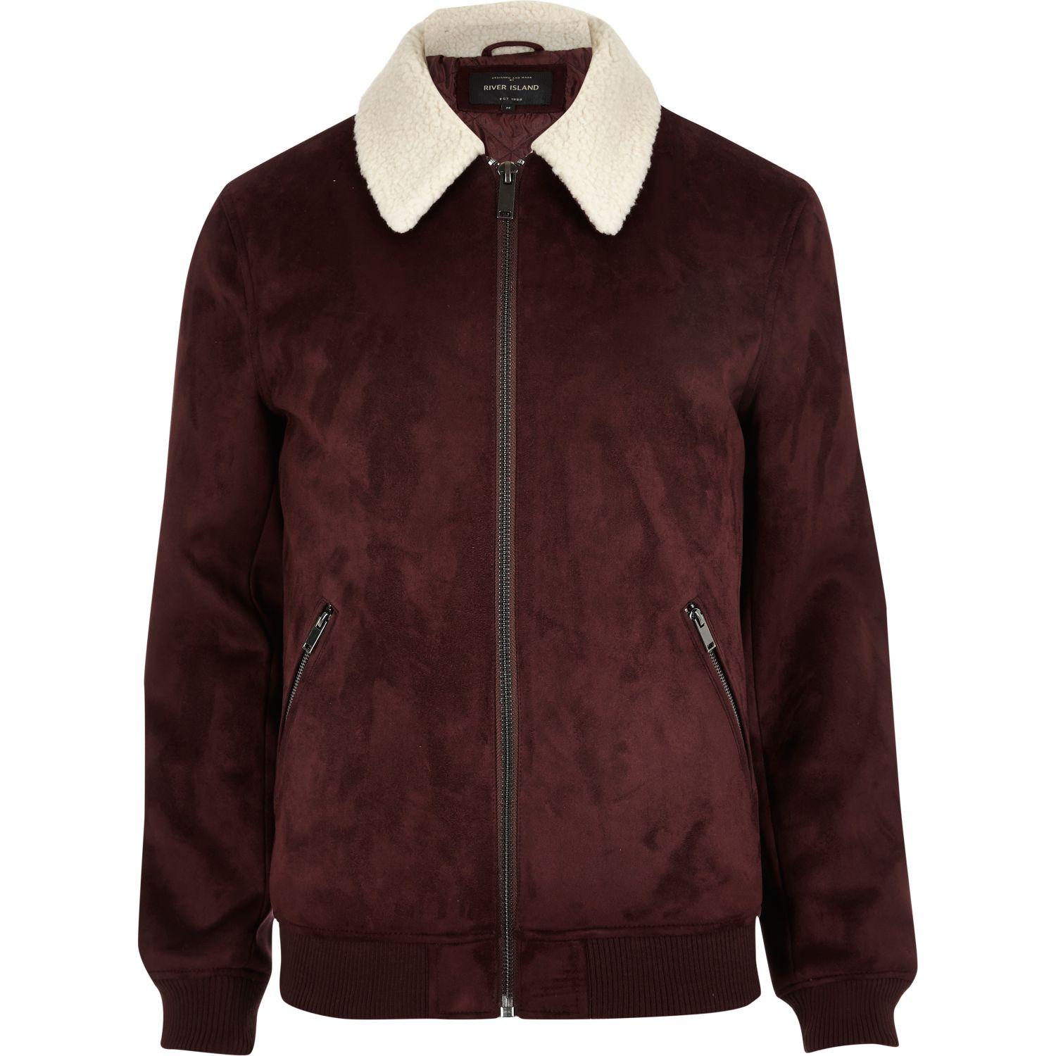 Lyst - River Island Faux-Suede Borg Collar Jacket in Red for Men