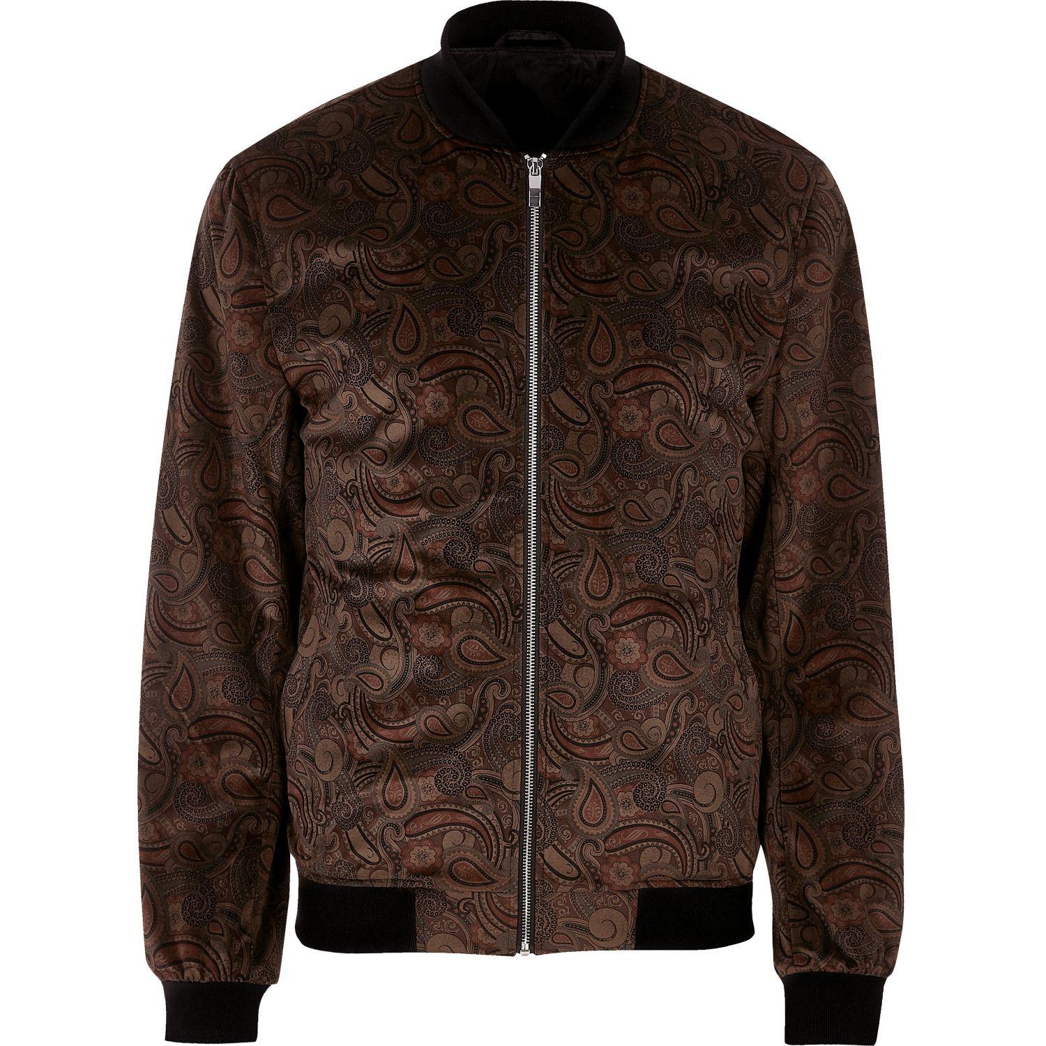 River Island Synthetic Brown Paisley Print Bomber Jacket for Men - Lyst