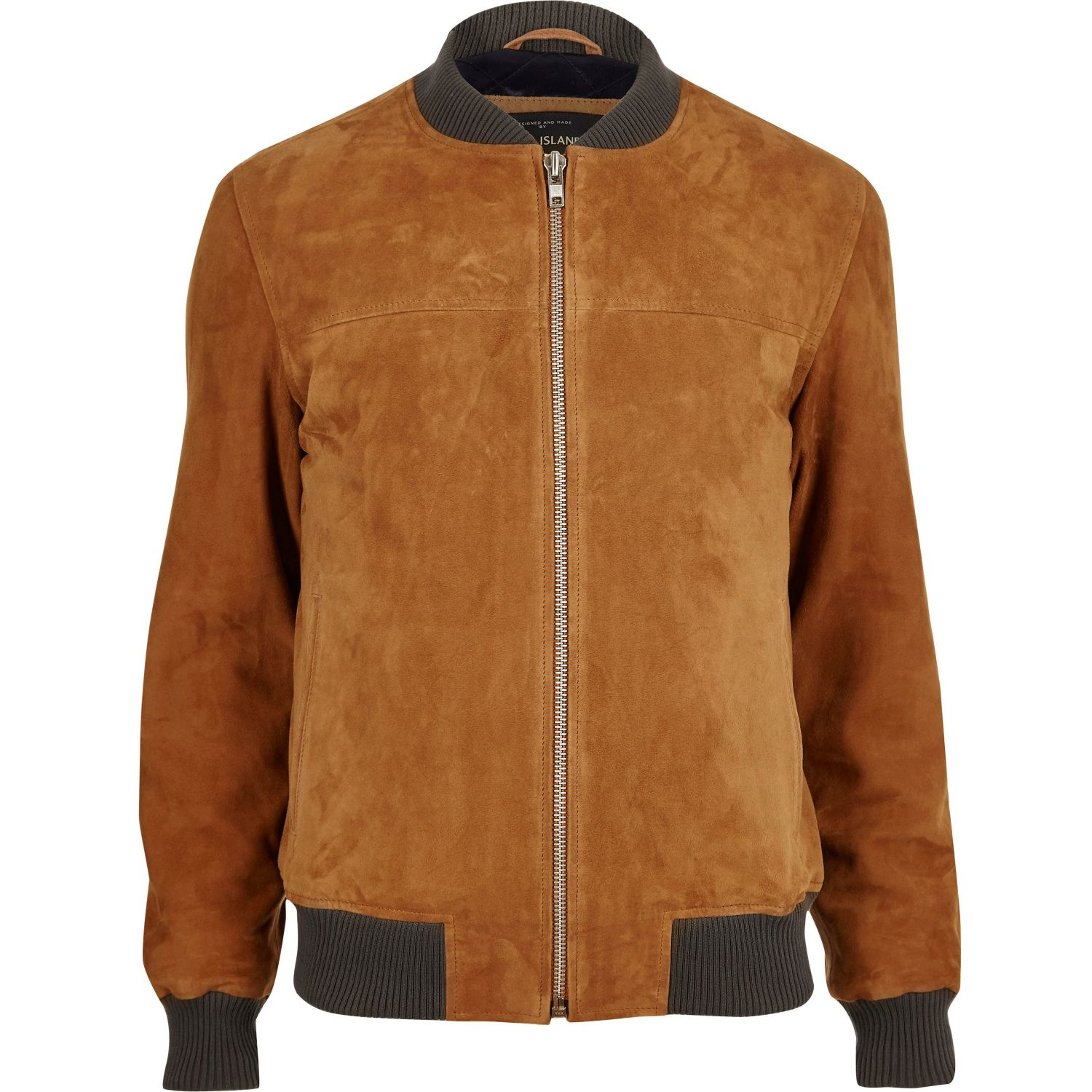 River island Tan Suede Bomber Jacket in Brown for Men | Lyst