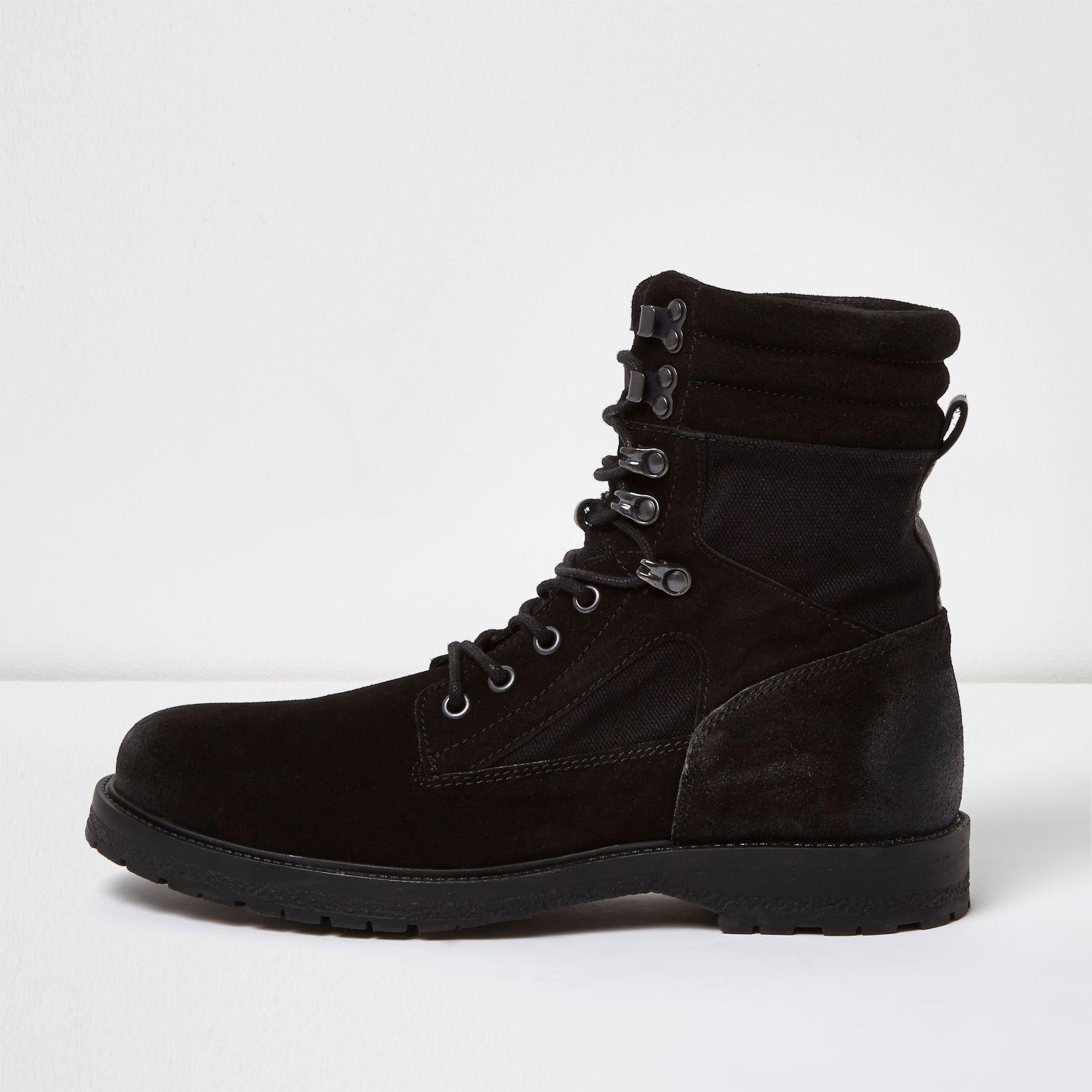 River Island Black Suede Combat Boots for Men | Lyst