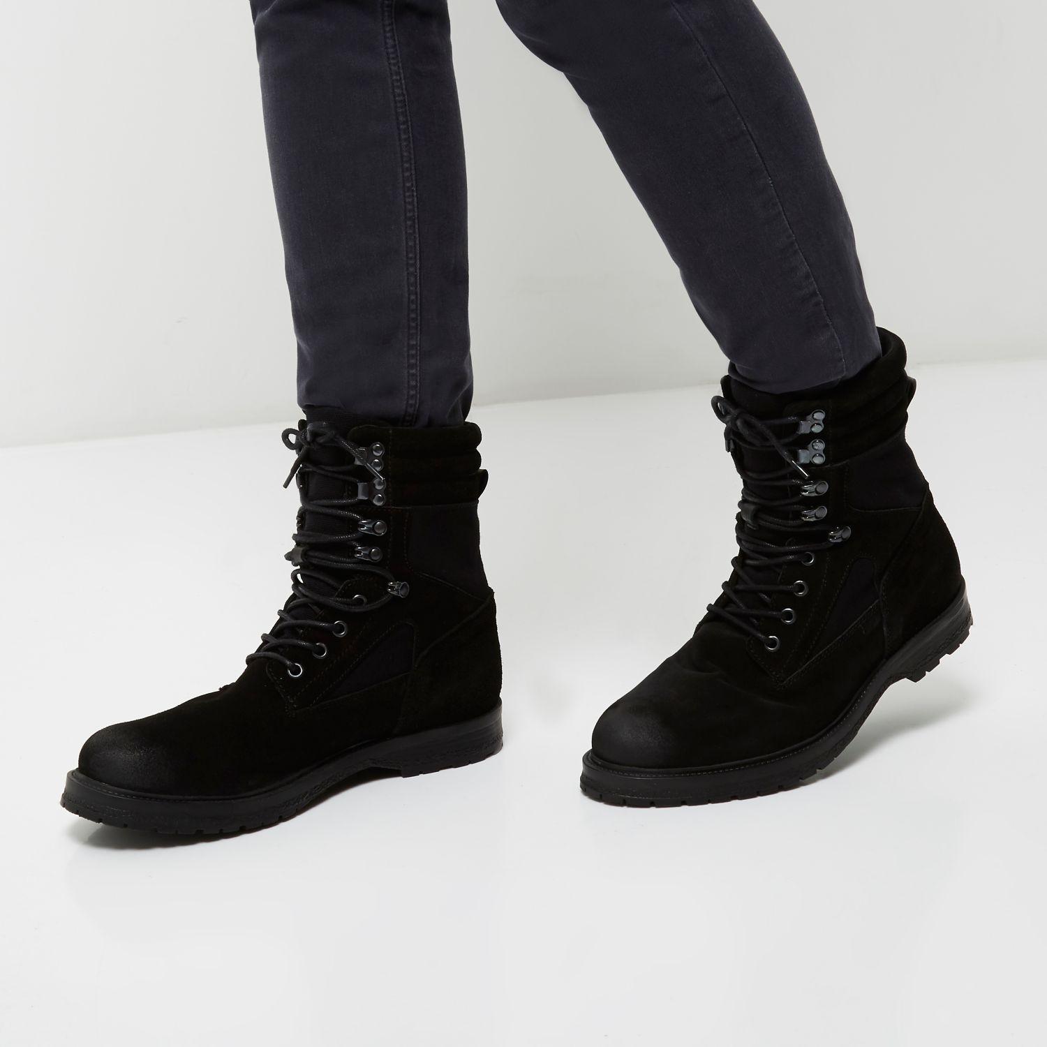 River Island Black Suede Combat Boots for Men - Lyst