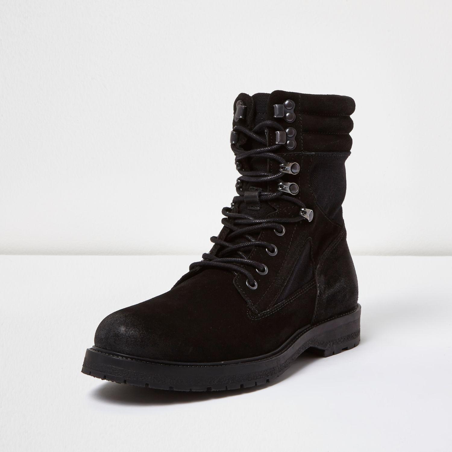 River Island Black Suede Combat Boots for Men | Lyst