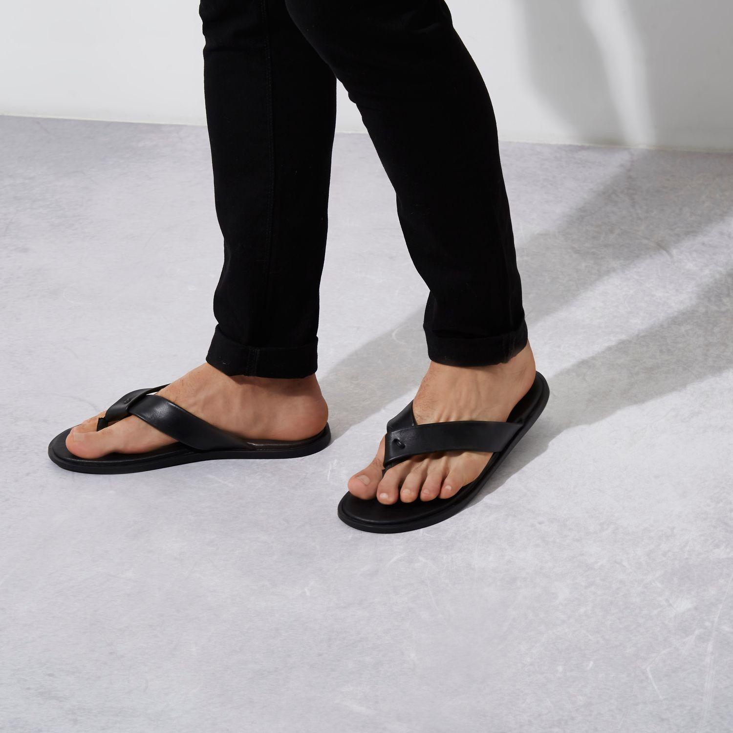 River Island Black Leather Flip Flops for Men - Lyst