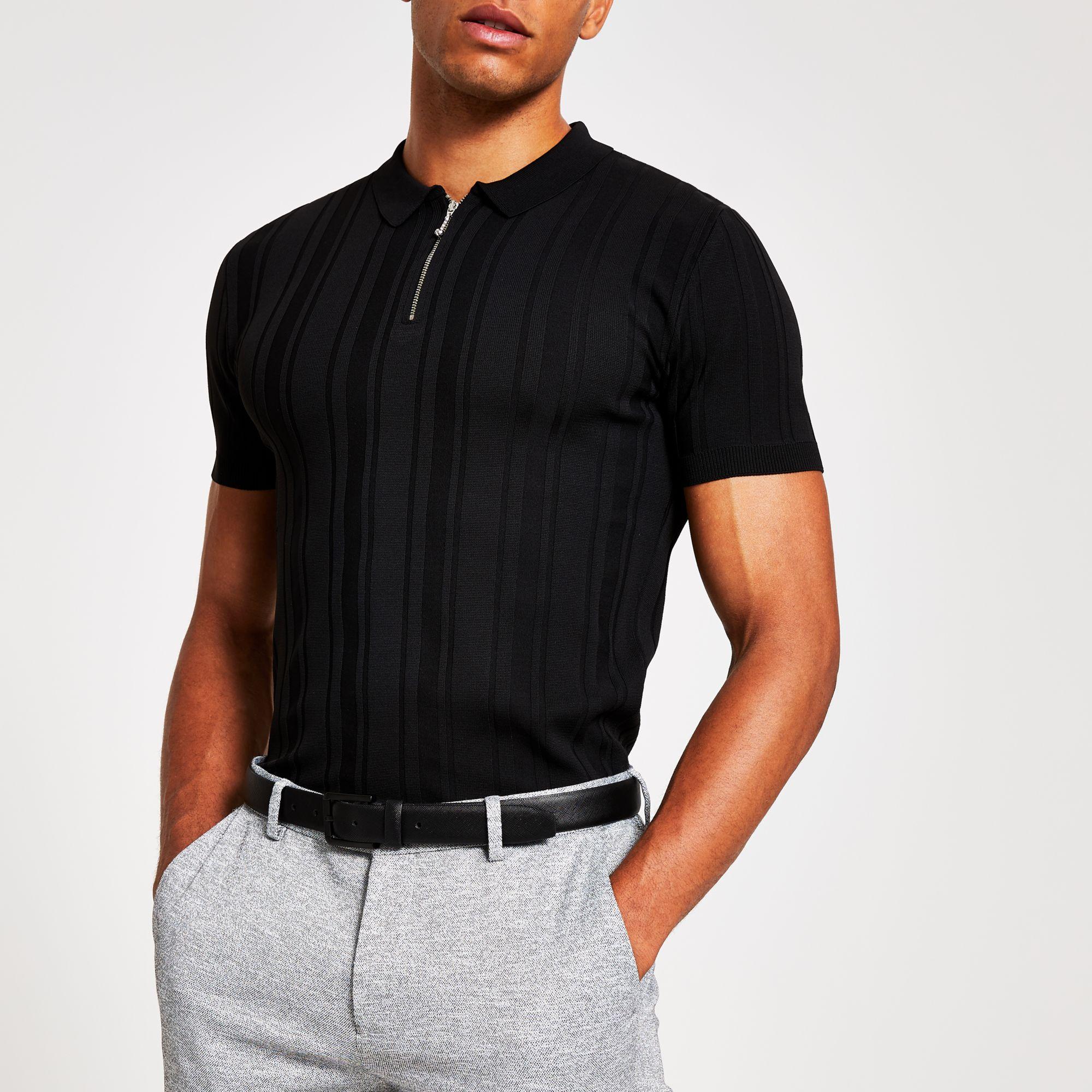 River Island Synthetic Ribbed Knit Muscle Fit Polo Shirt in Black for