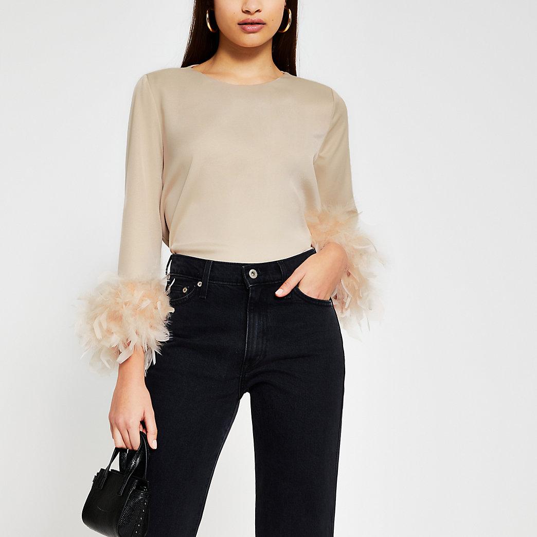 River Island Beige Long Sleeve Feather Cuff Top in Natural Lyst