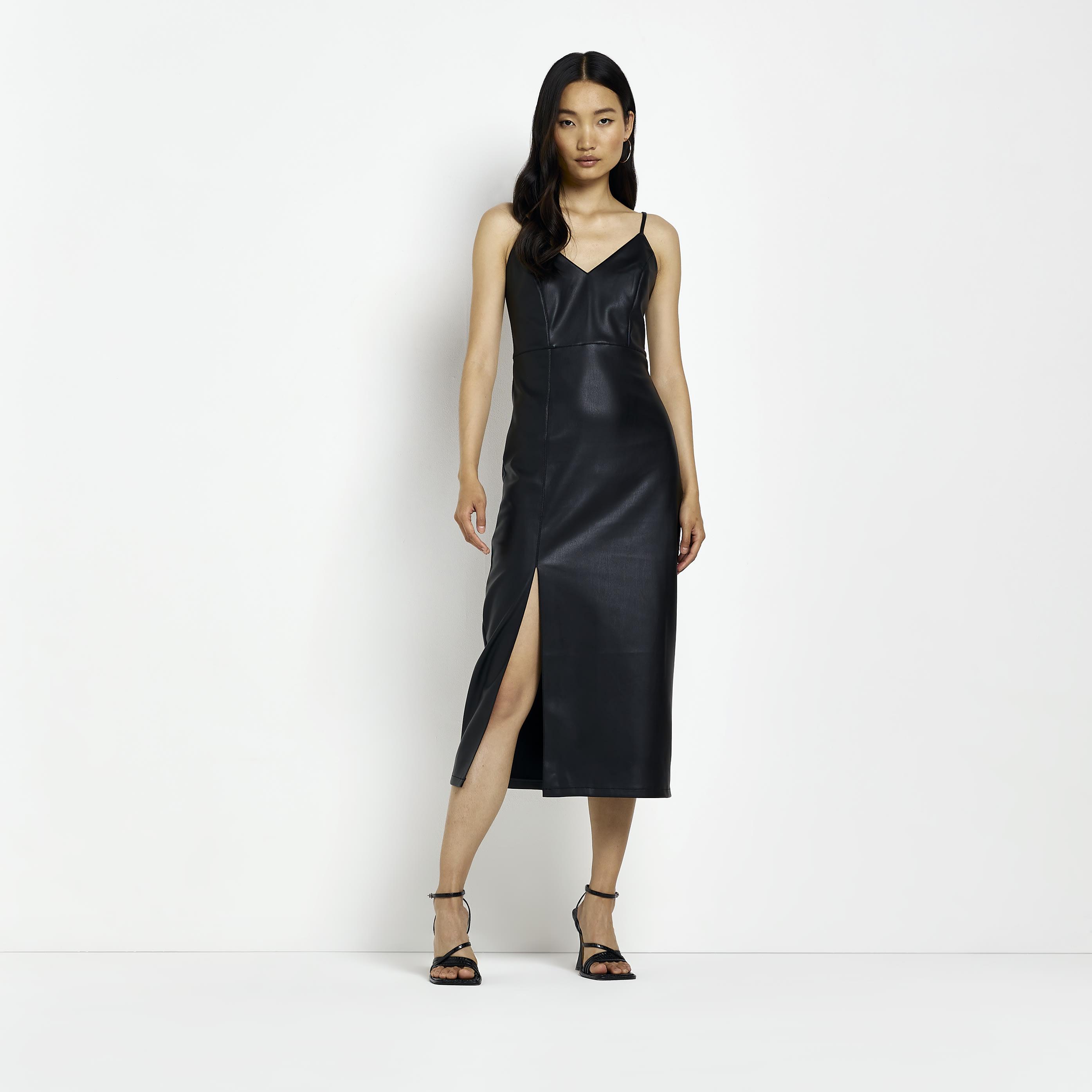 River Island Black Faux Leather Slip Midi Dress in Blue Lyst