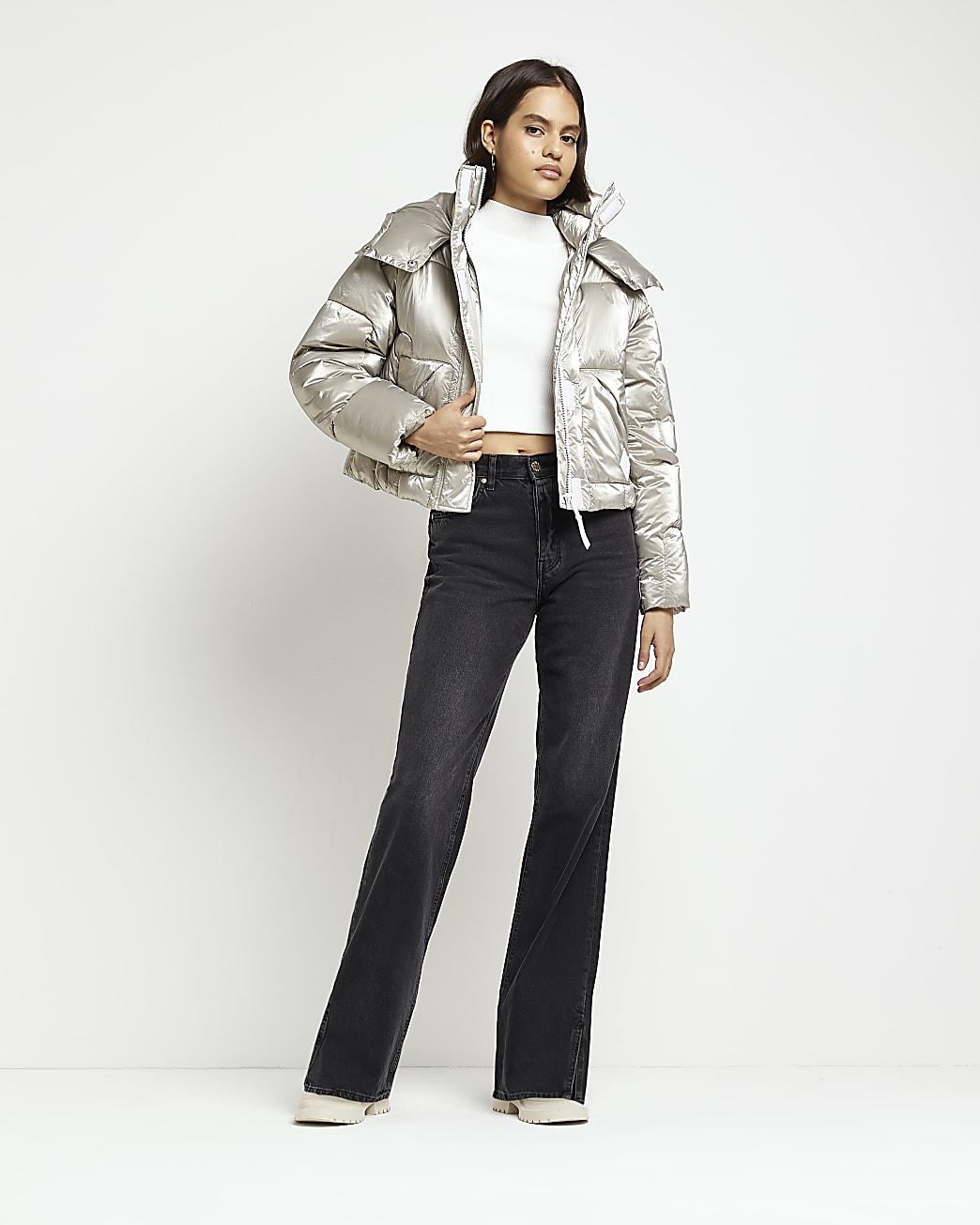 River Island Silver Reflective Hooded Puffer Coat in Gray