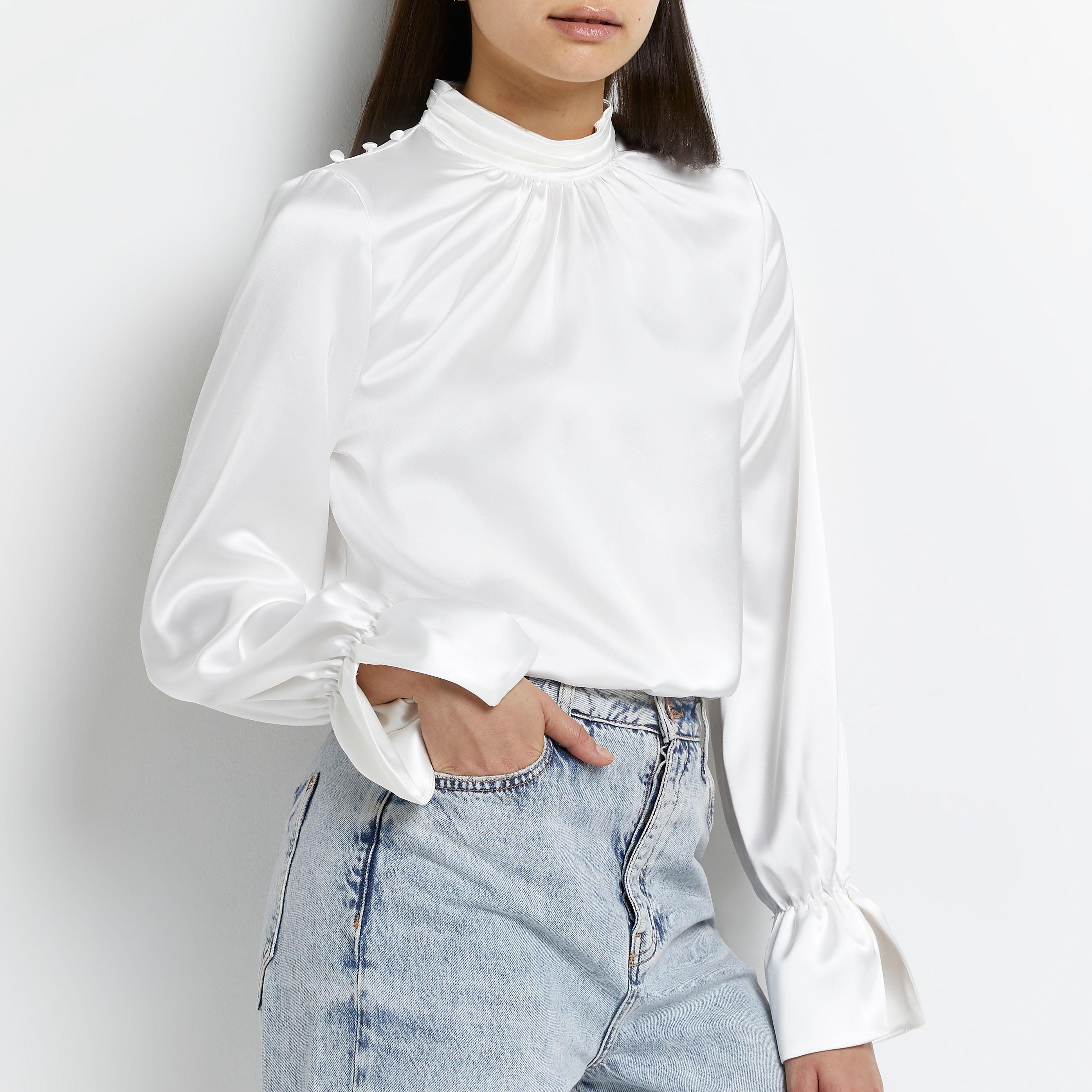 White Satin High Neck Blouse | Lyst 