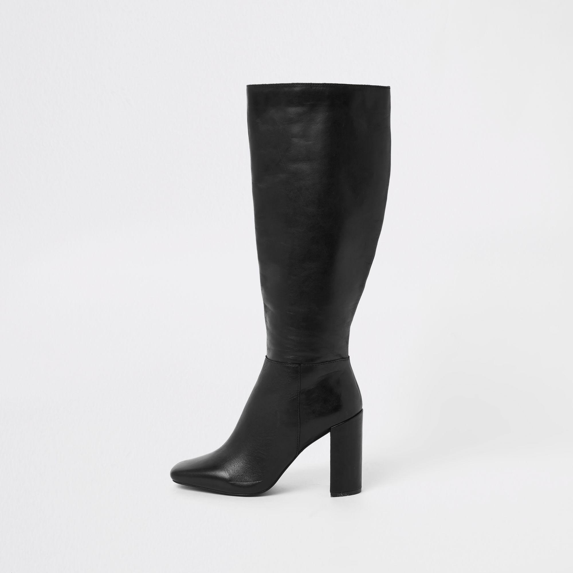 River Island Leather Square Toe Knee High Boots in Black | Lyst