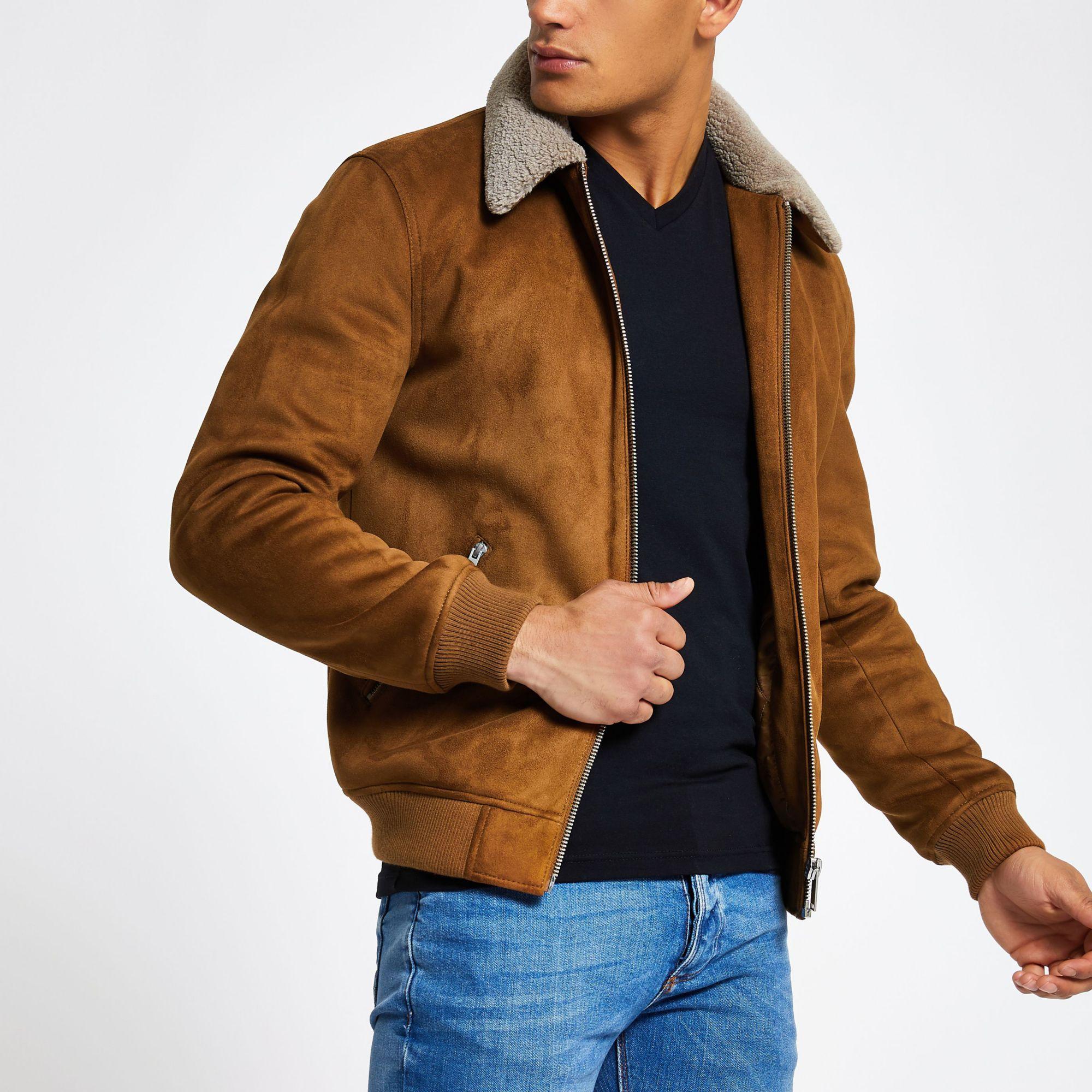 River Island Light Faux Suede Borg Collar Jacket in Brown for Men - Lyst