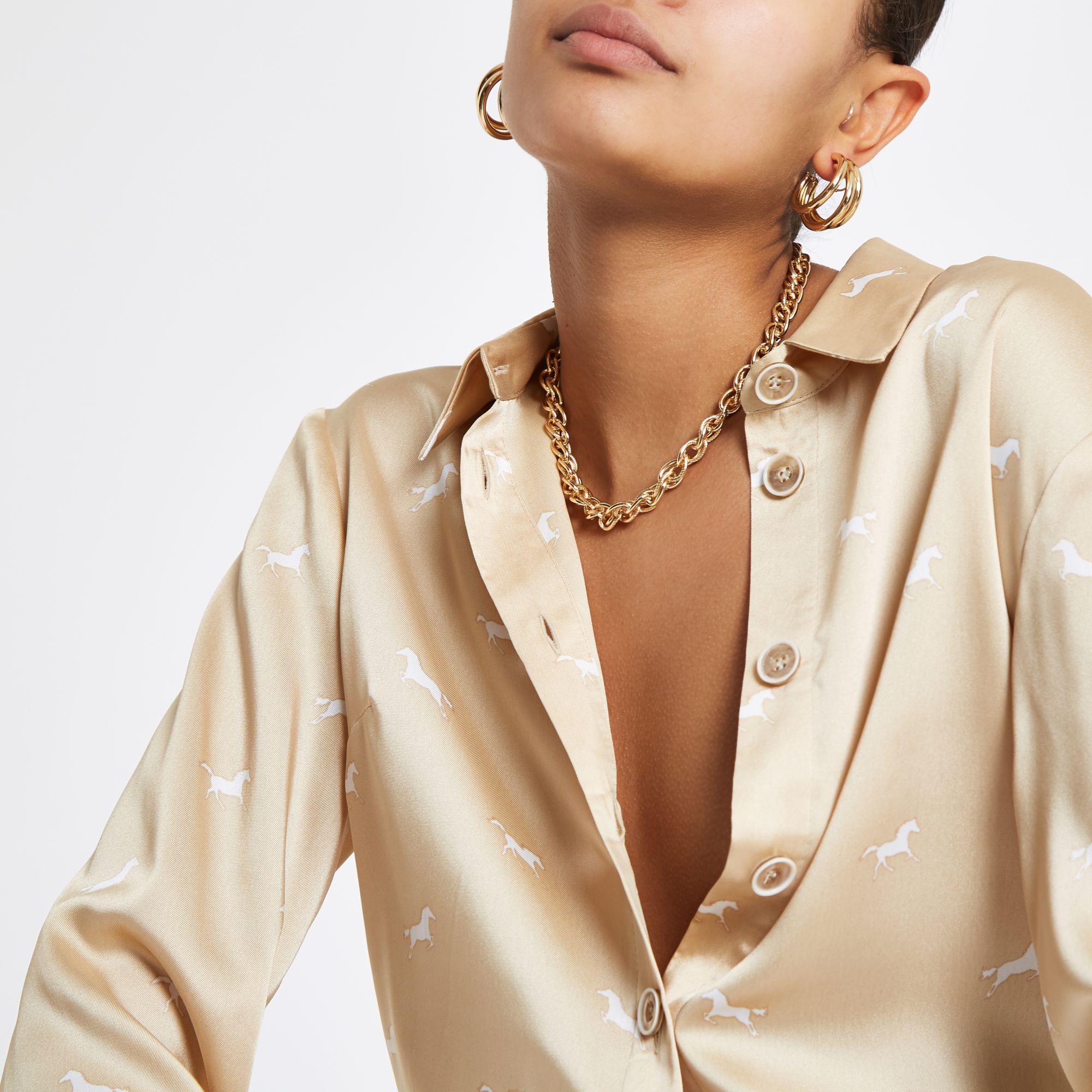 River Island Beige Printed Satin Blouse 