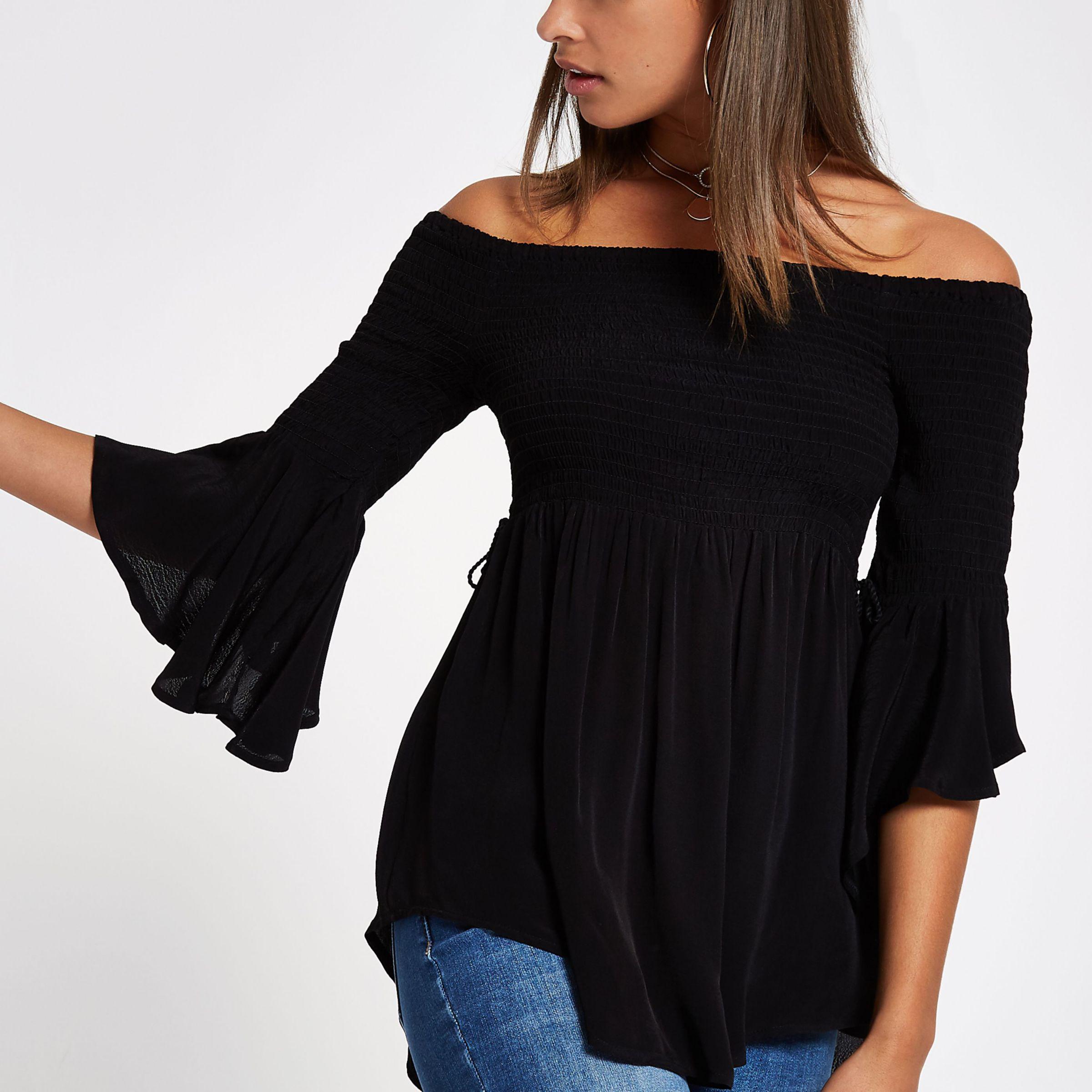 black shirred bardot top