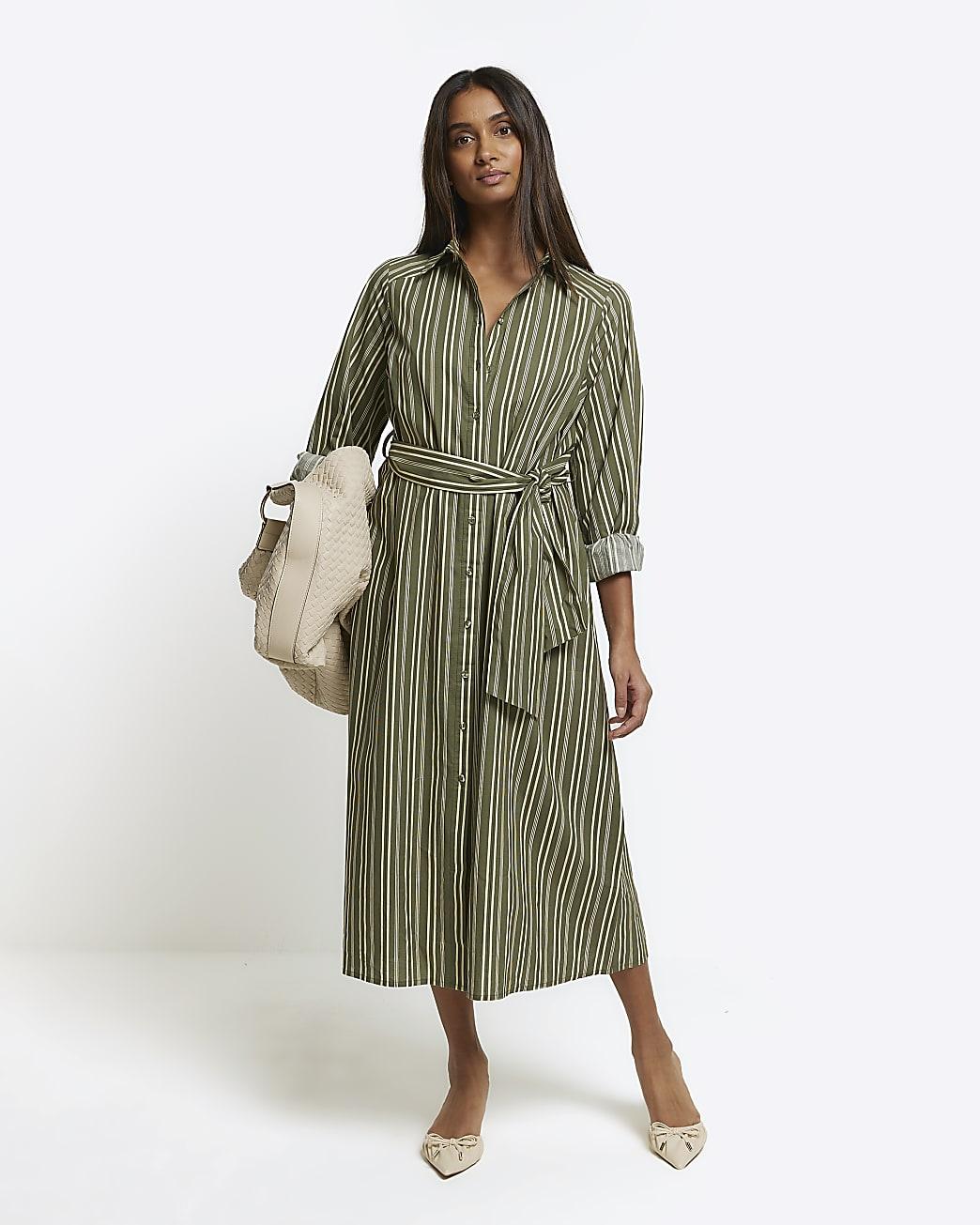 Beige belted sleeveless midi shirt dress