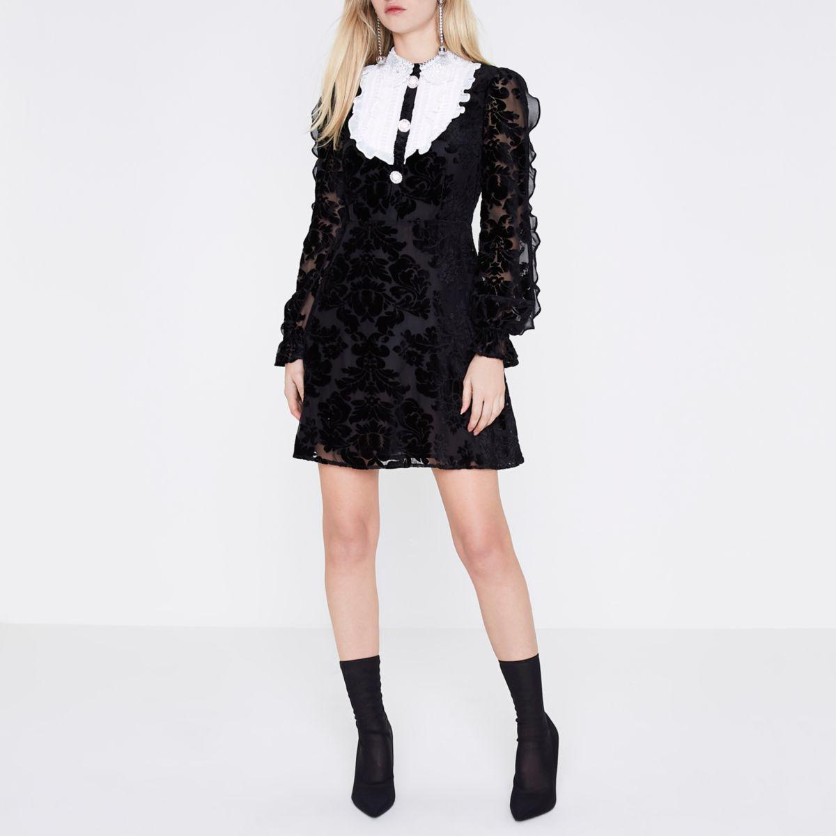 long sleeve black frill dress