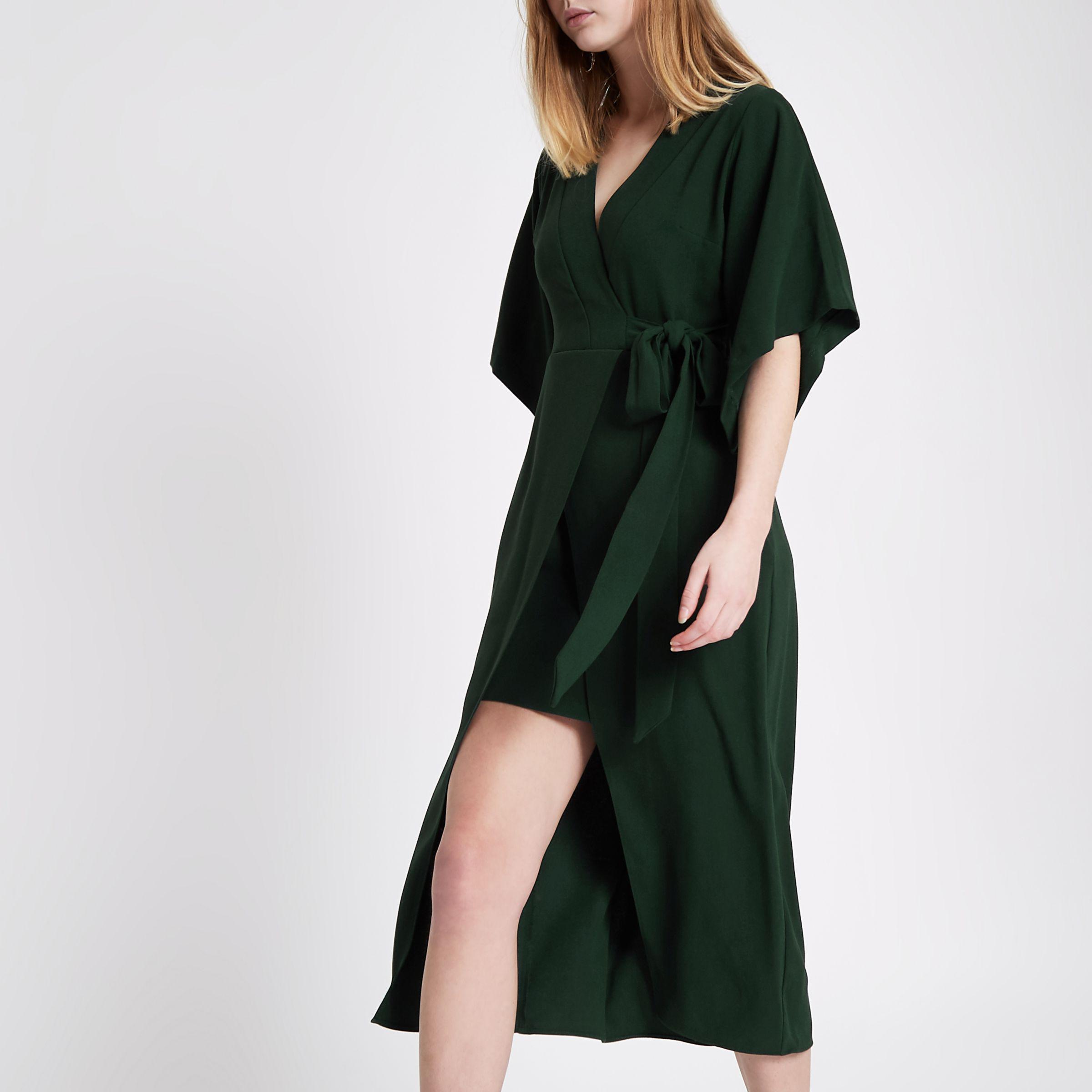 River Island Synthetic Wrap Front Kimono Sleeve Midi Dress in Green | Lyst