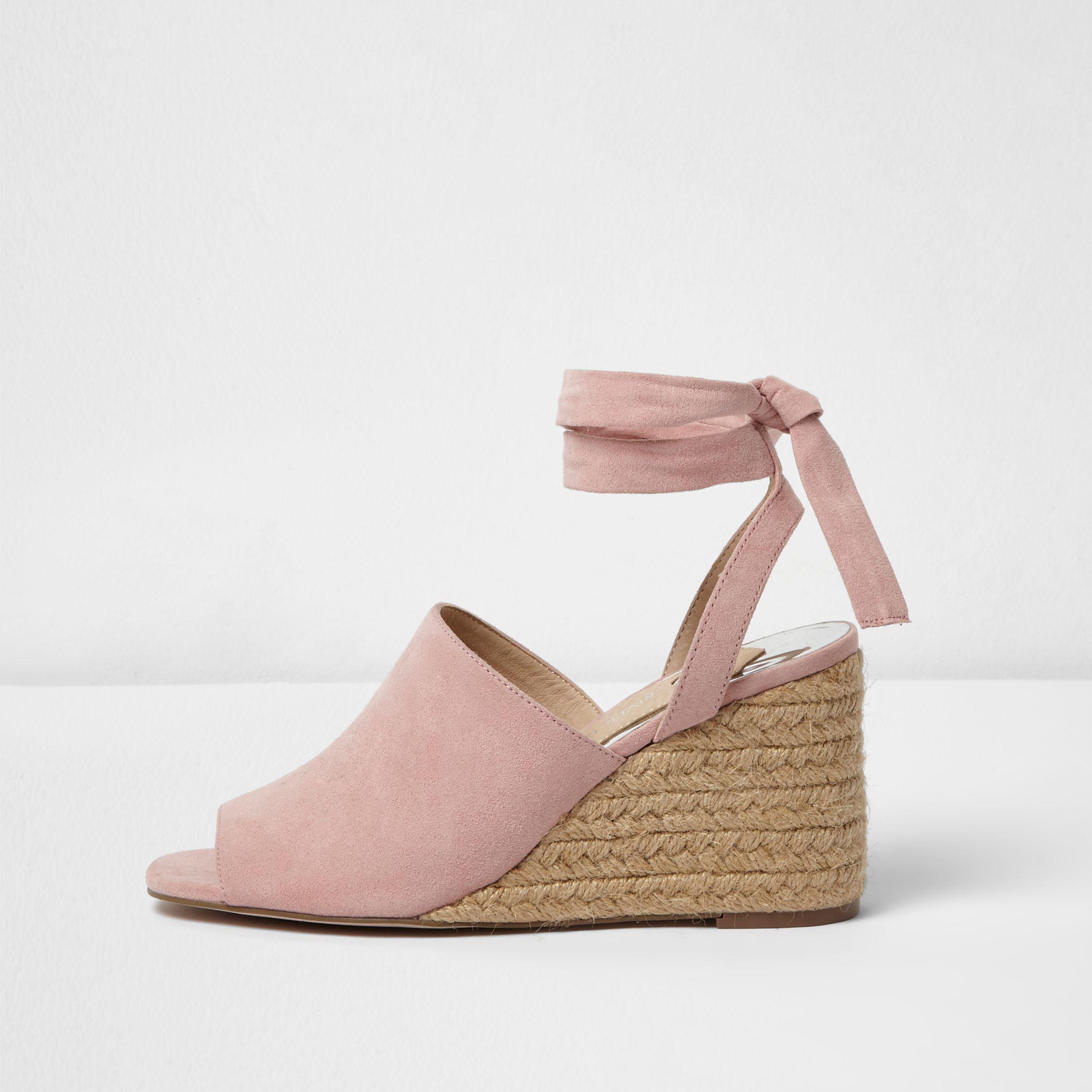 pink tie up wedges