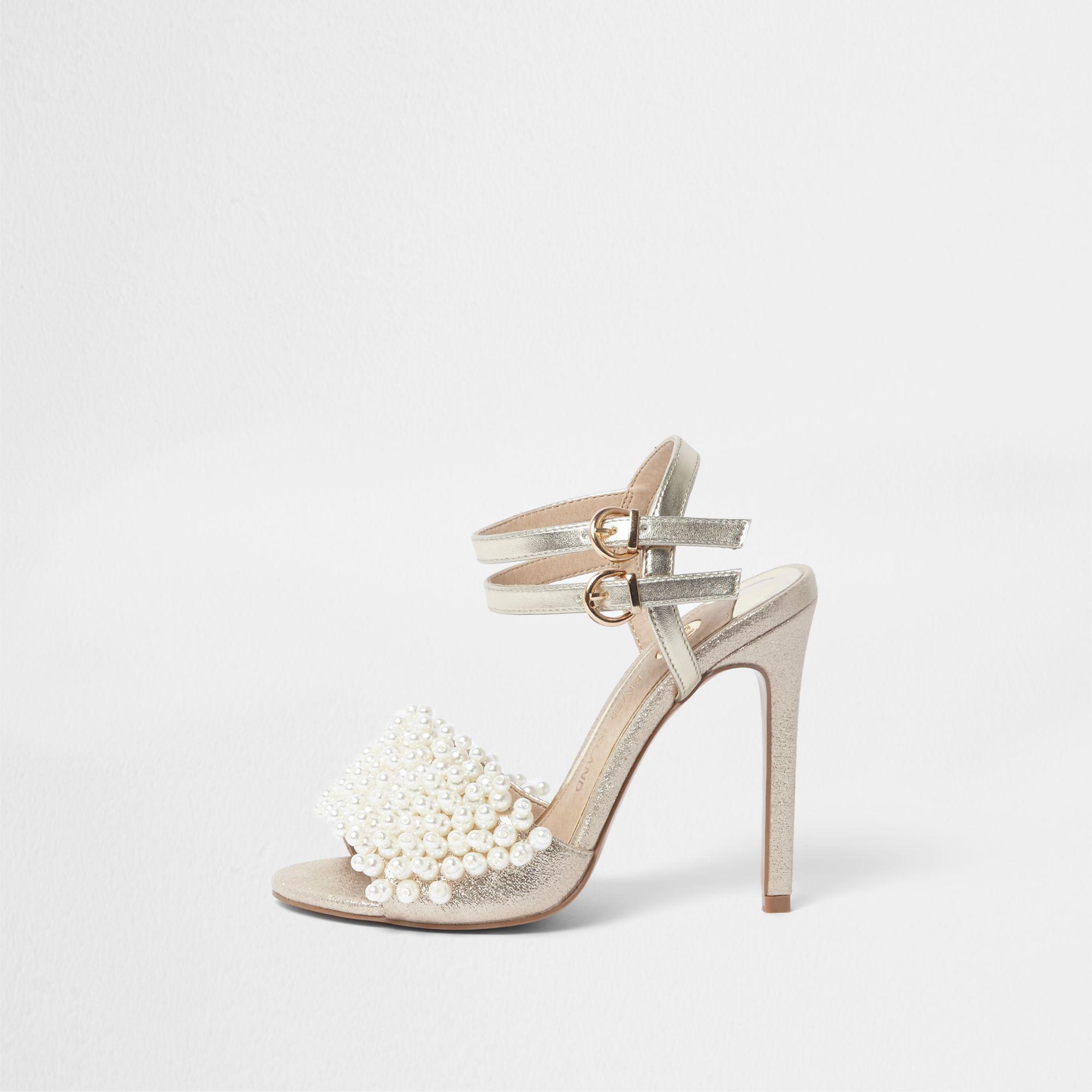 River Island Gold Faux Pearl Vamp Strappy Heeled Sandals in Metallic | Lyst