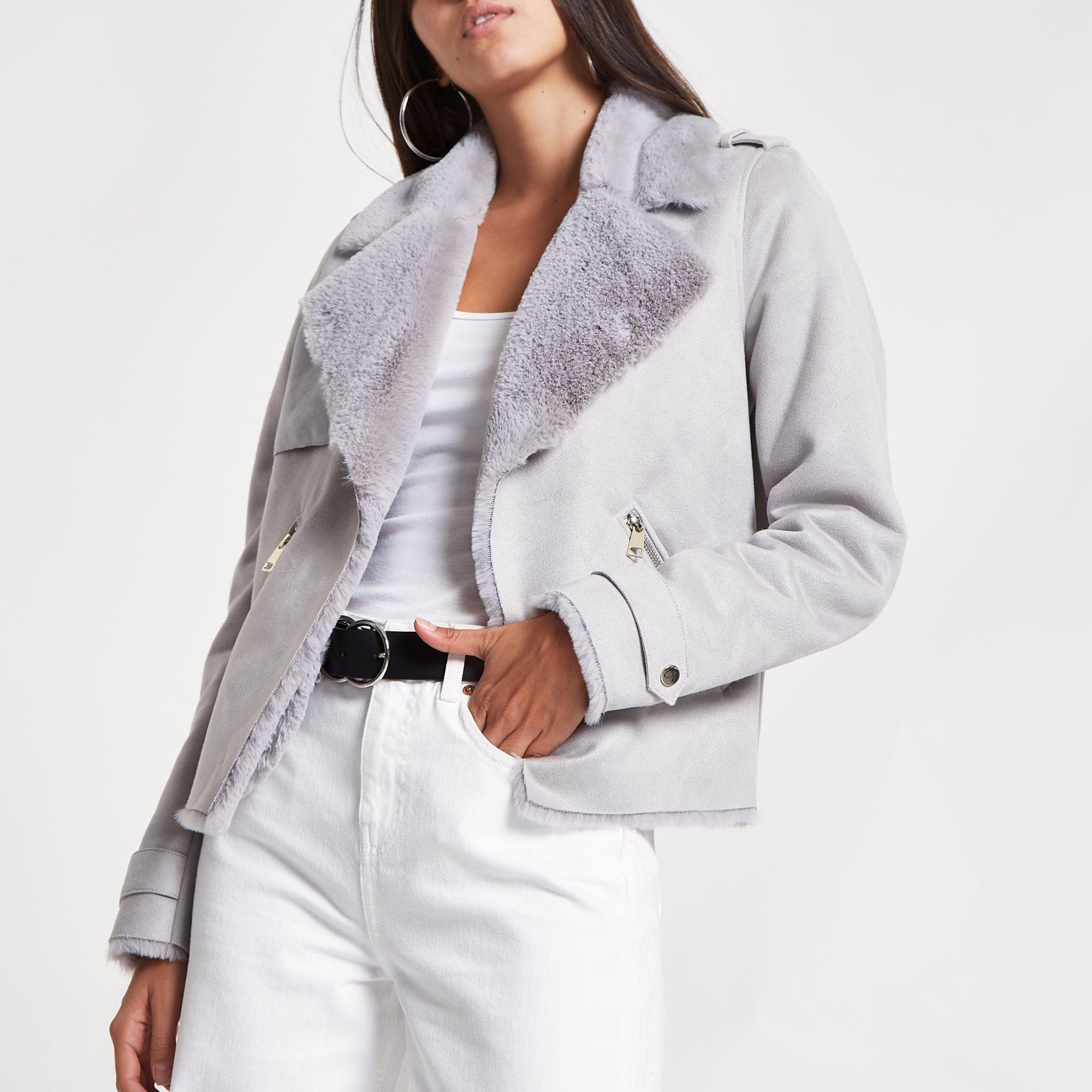 grey faux fur lined fallaway jacket